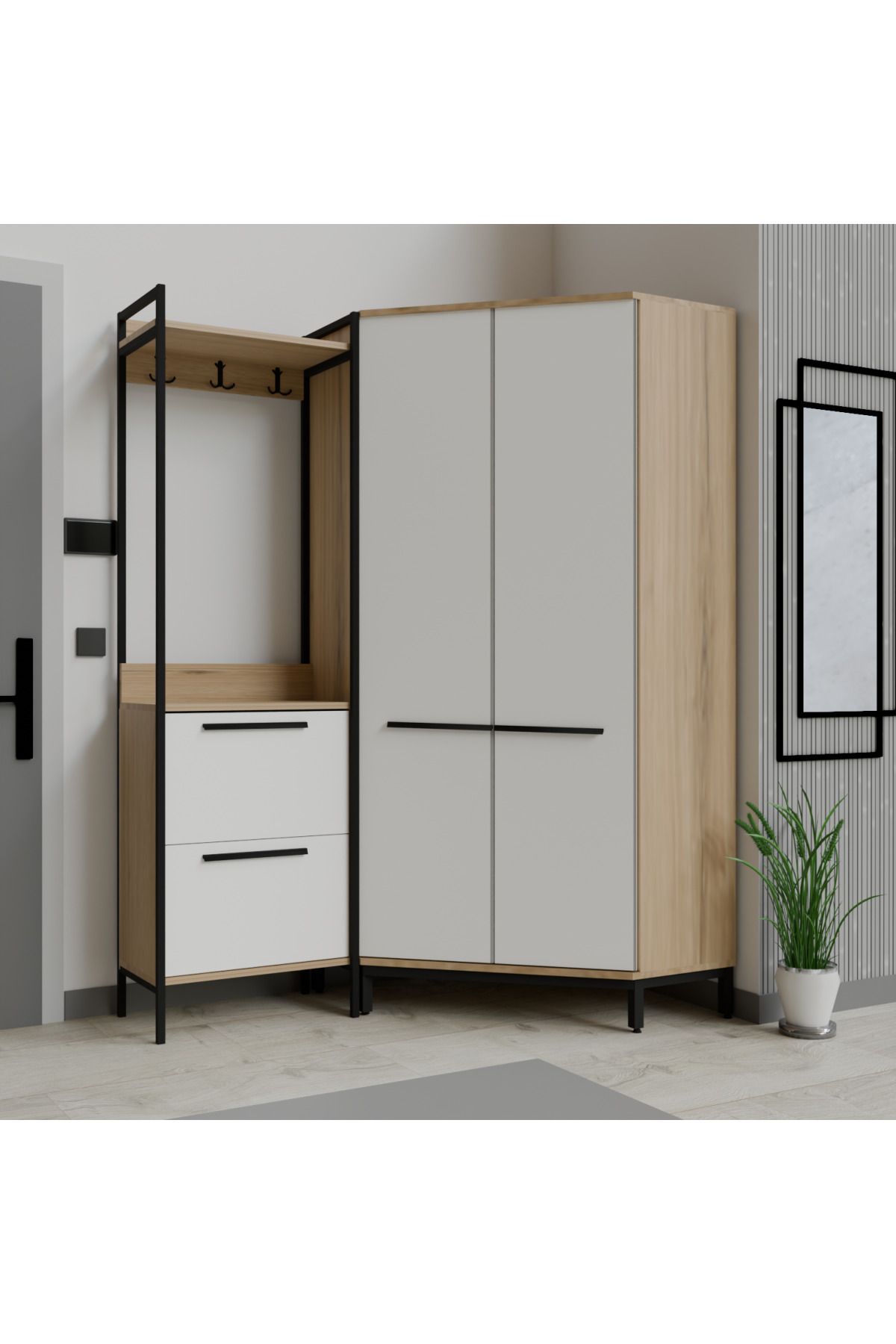 Abre Modern Köşe Portmanto Askılıklı Vestiyer Takımı