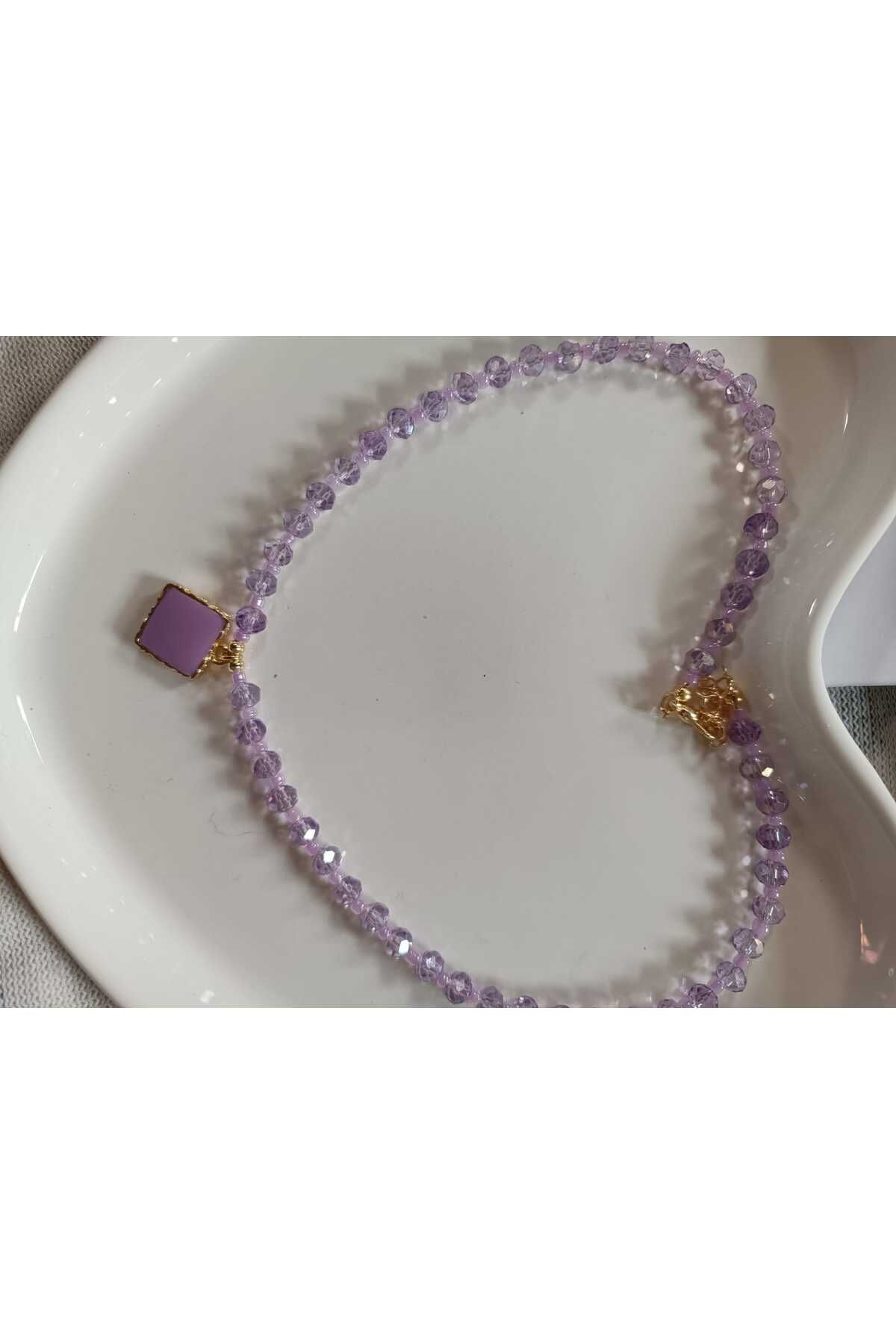 Fata Morgana Accessory Kare Lila Uç Detaylı Kristal Boncuk Kolye