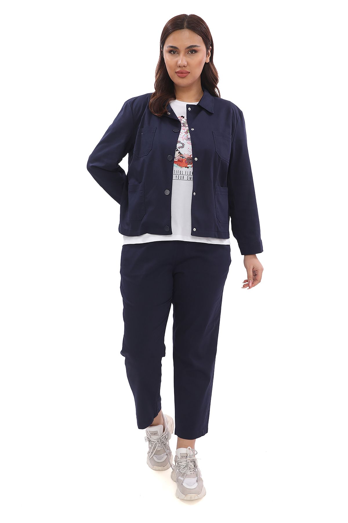 EXİTLİNE Kadın Yazlık Üçlü Takım Lacivert Ceket Pantolon Tshirt