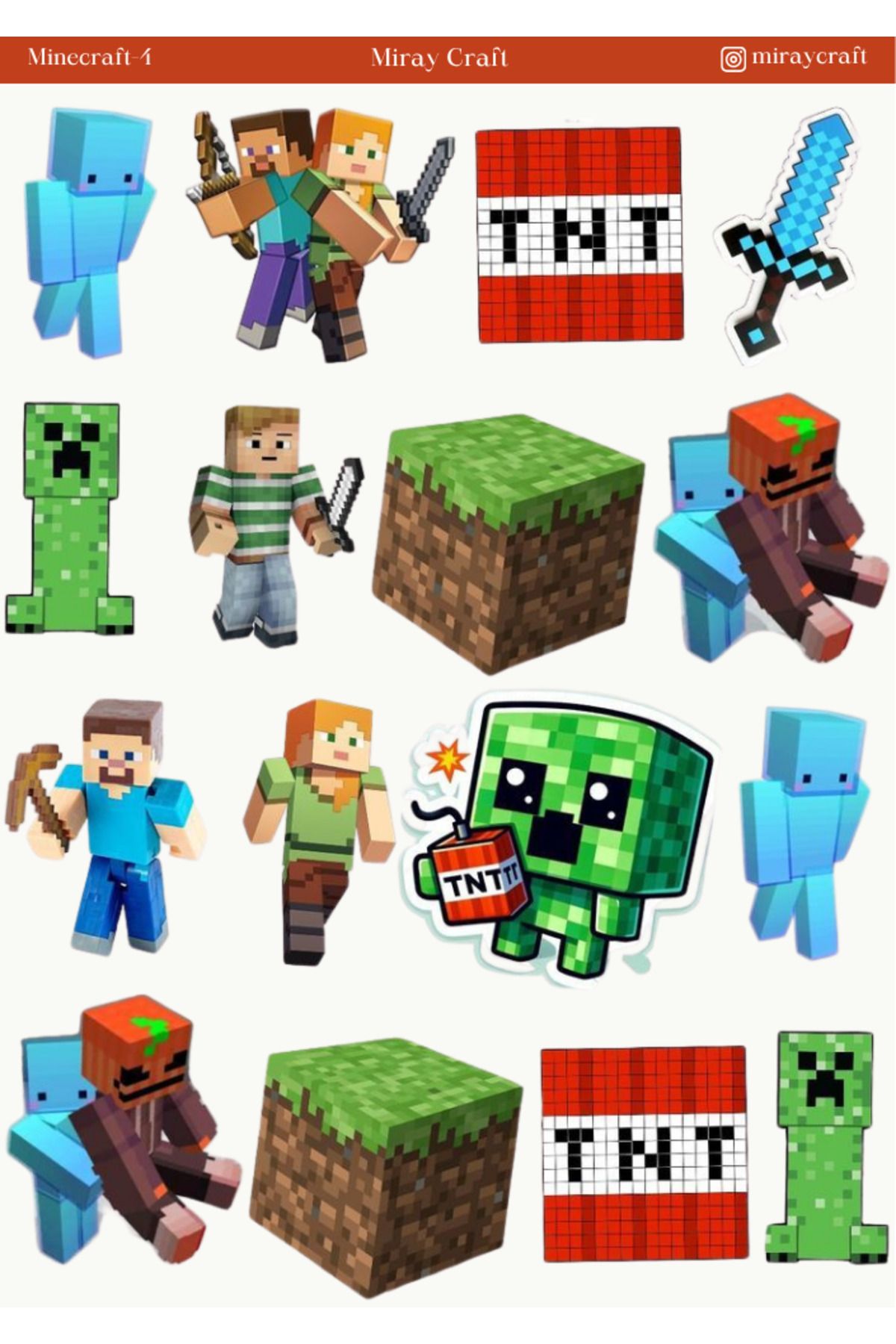 MirayDesign 1 Adet Minecraft Temalı Sticker (12x17 cm) Bullet Journal,Scrapbook, Ajanda, Planlayıcı için