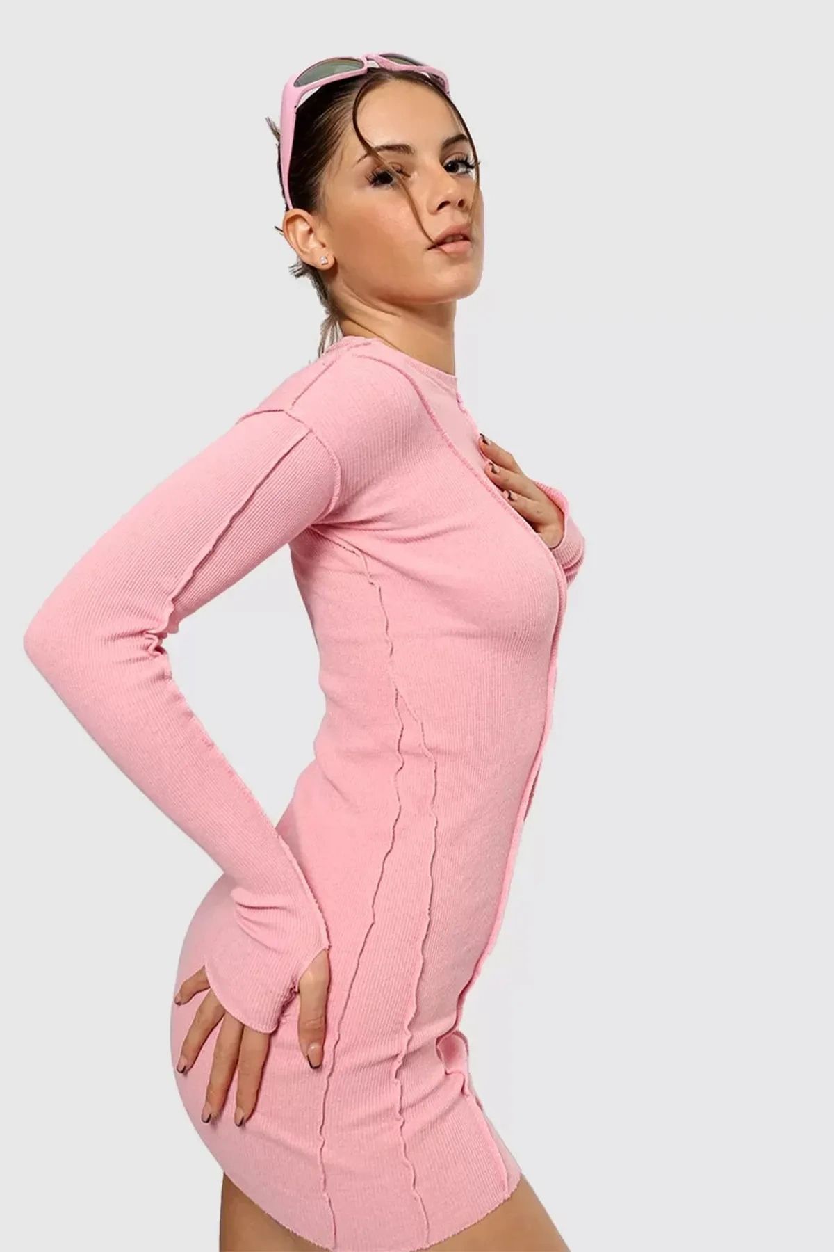 Bak Moda Ters Dikiş Detay Pembe Mini Kaşkorse Elbise
