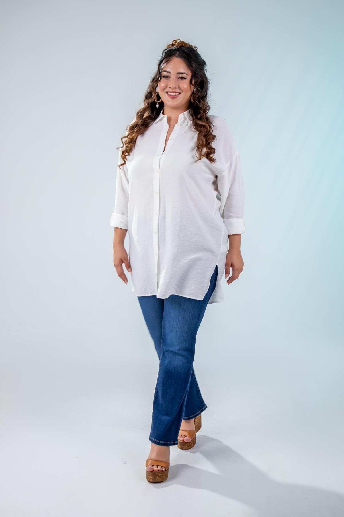 Roxxlen  2100084 210084 Kadın Büyük Beden Yanı Yırtmaçlı Gömlek Beyaz - Görsel 4