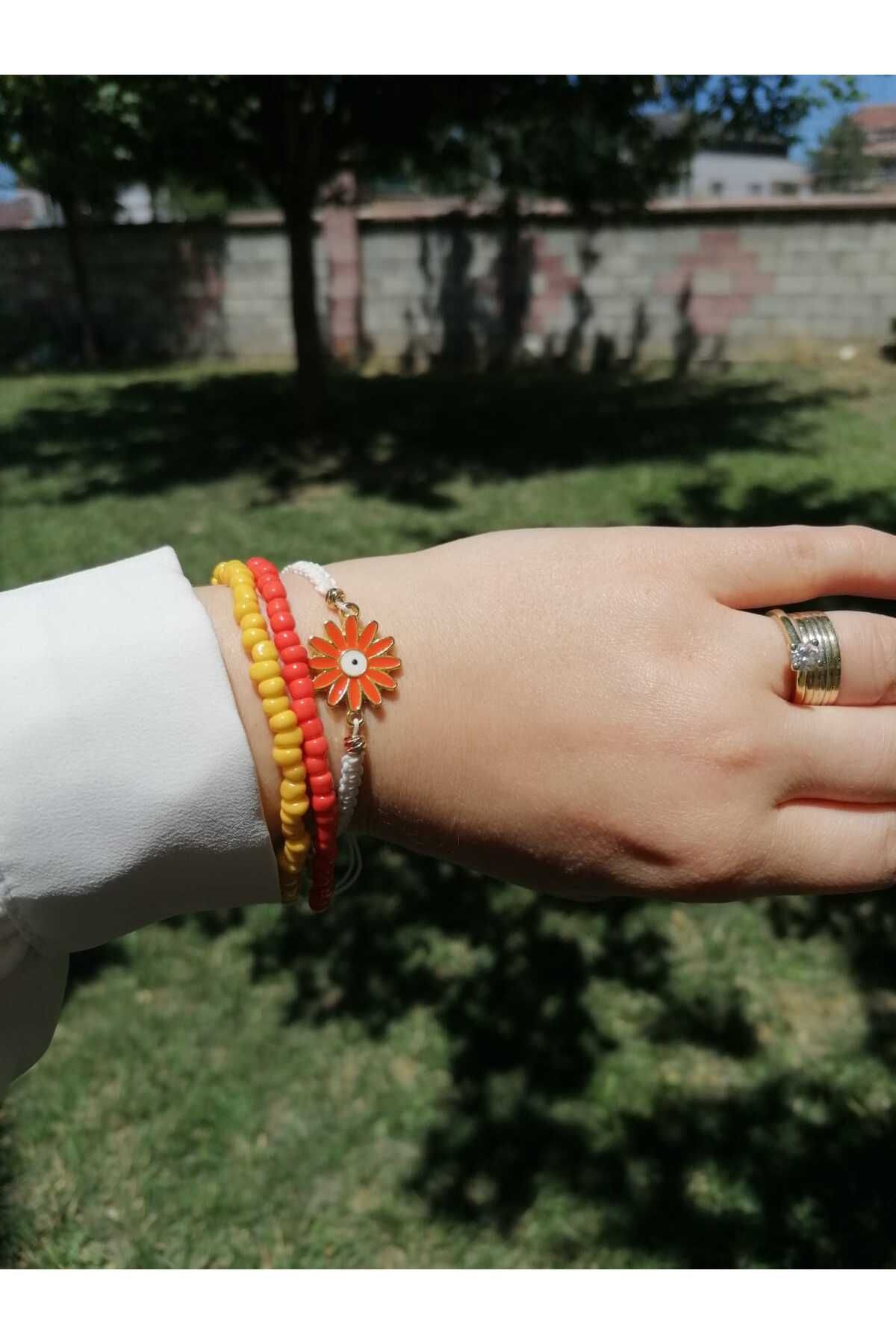 Gülbeşeker Tasarım Turuncu Mineli Papatyalı Makrome Örme Ve Kum Boncuk Bileklik Set