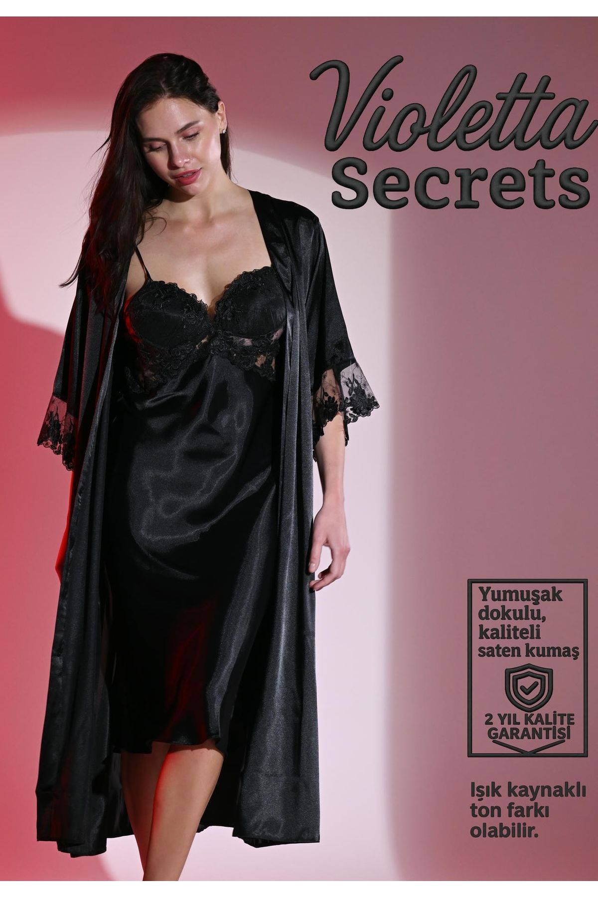VİOLETTA SECRETS Siyah Dantelli Saten Gecelik ve Sabahlık Takımı