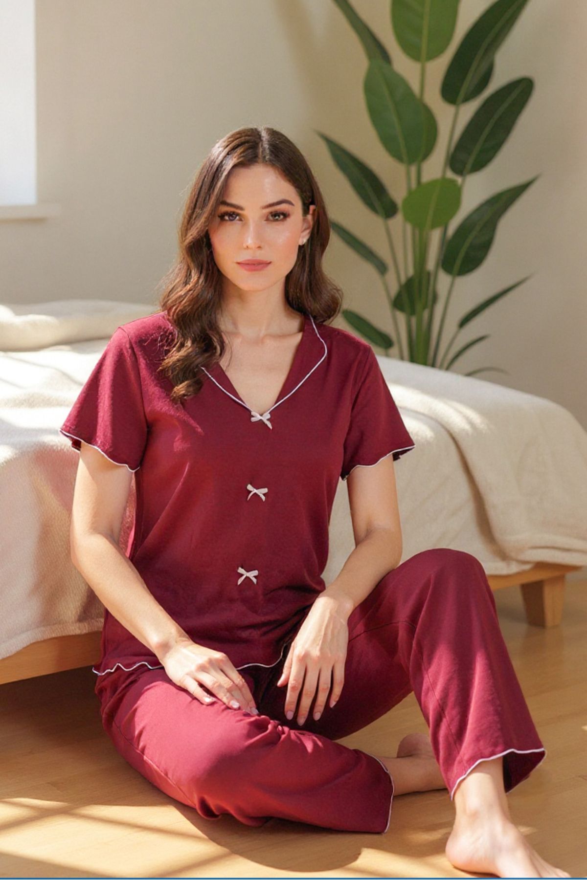 BELLA NOTTE Cotton Burgundy V-Neck Summer Pajama Set