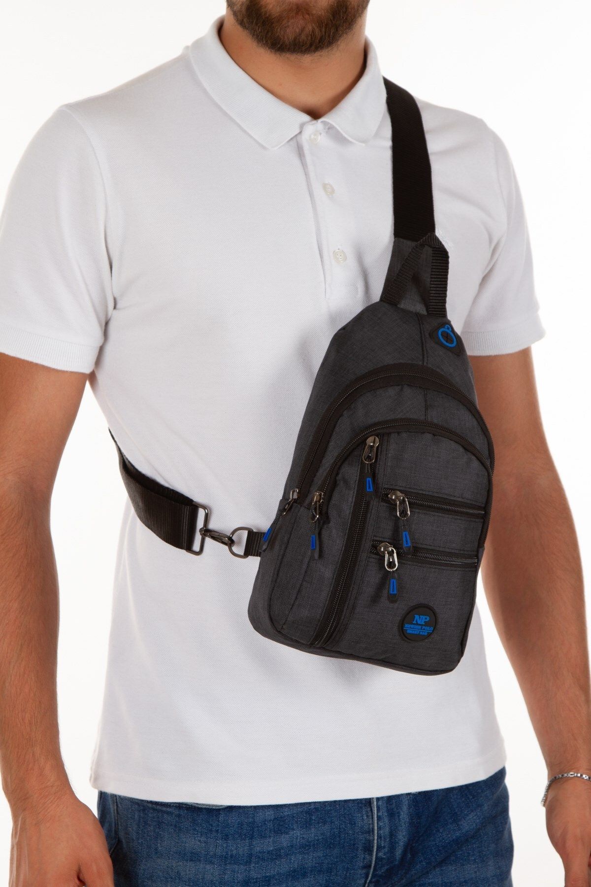 Newish Polo Keten Kumaş USB Kulaklık Çıkışlı Fermuarlı Göğüs ve Omuz Çantası - Siyah - Mavi