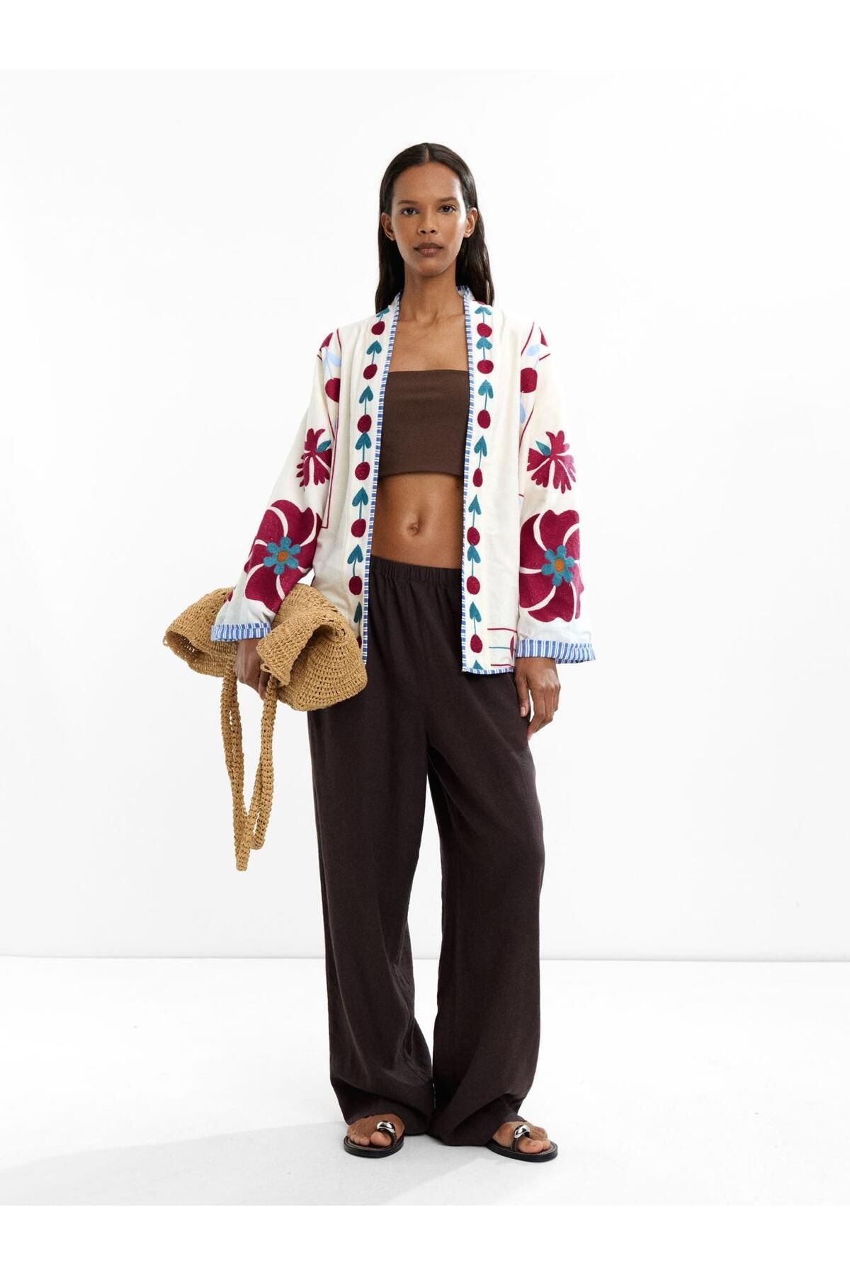 PARFOIS %100 Pamuk Çiçek Nakışlı Kimono