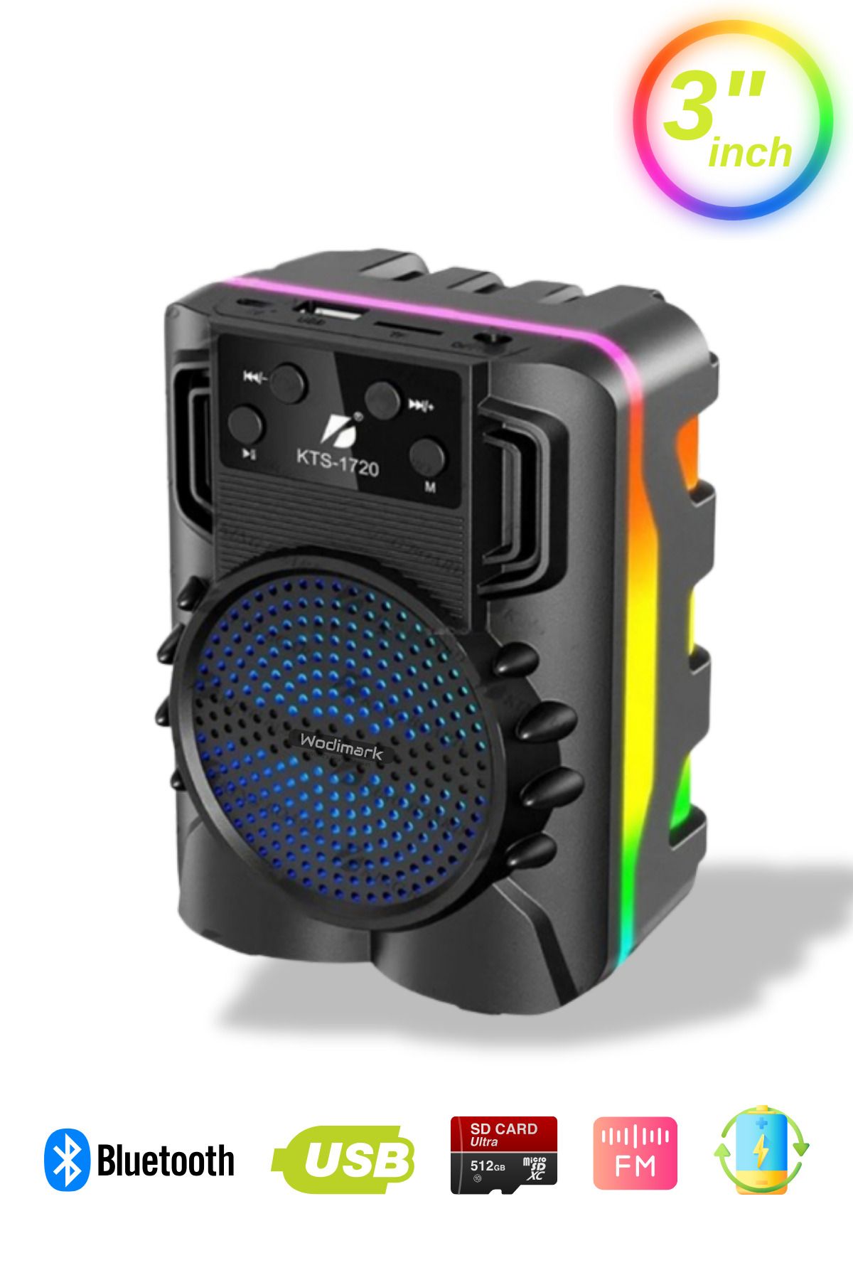 Wodimark Taşınabilir Bluetooth Hoparlör – RGB Işıklı, Extra Bass, Radyolu, USB+SD Girişli, Kablosuz Speaker
