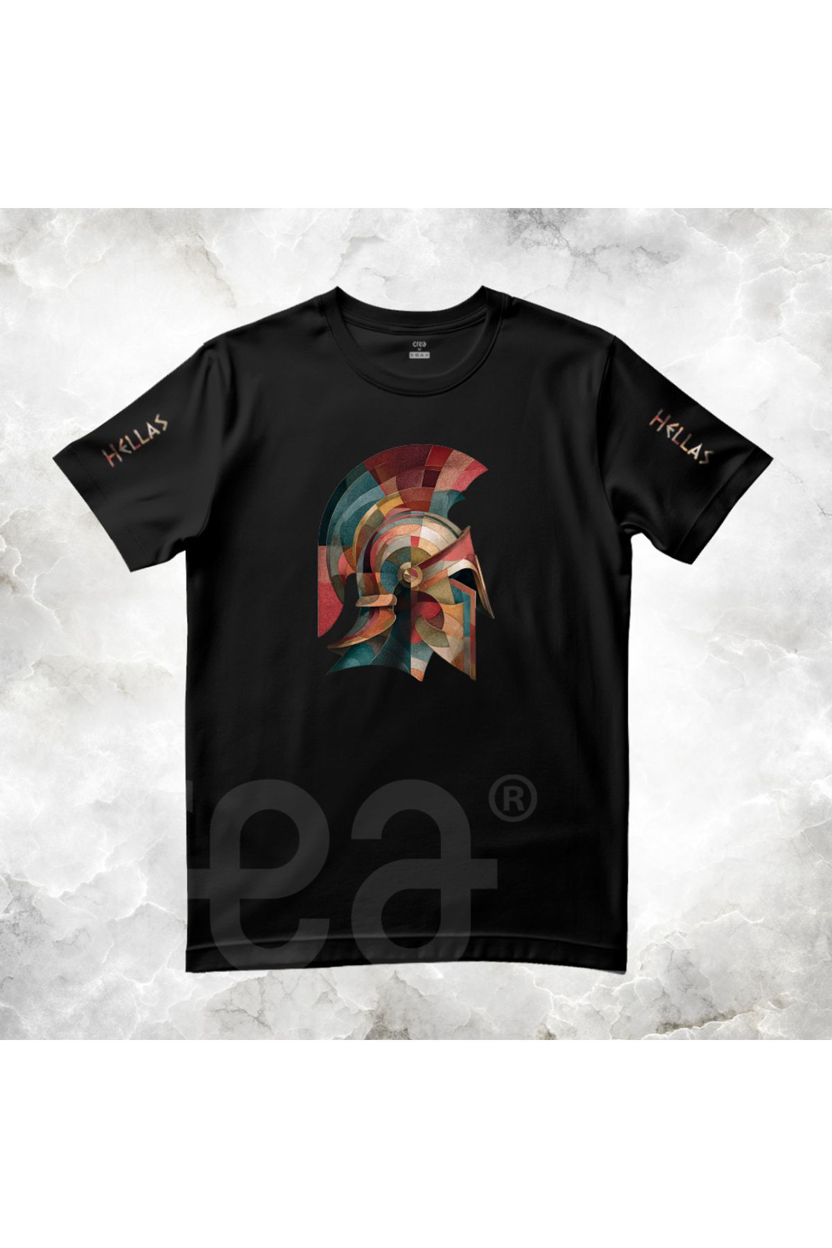 Crea Eymer Wear Greece Helmet Art Printed Cotton Crew neck T-shirt Black
