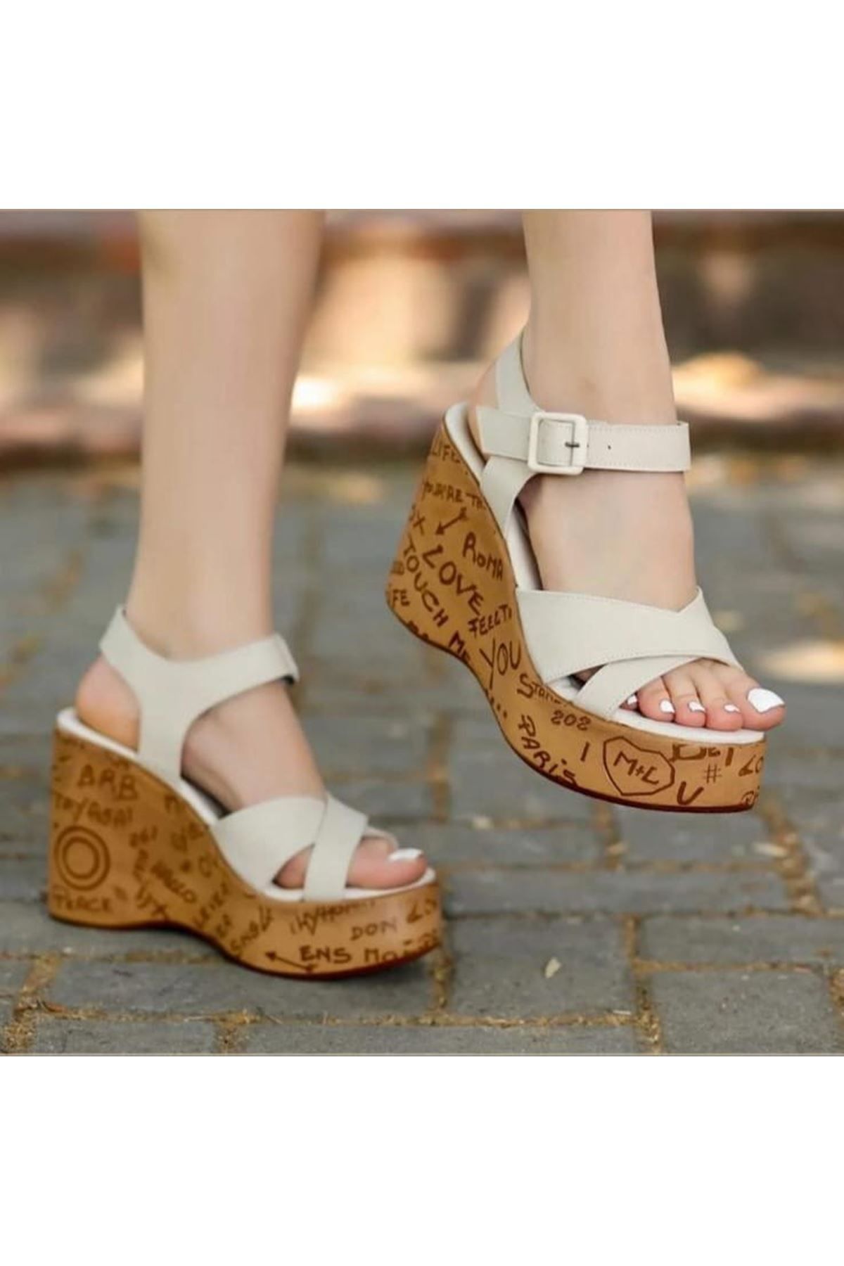 fashok Kenja Bej Cilt Dolgu Topuk Sandalet