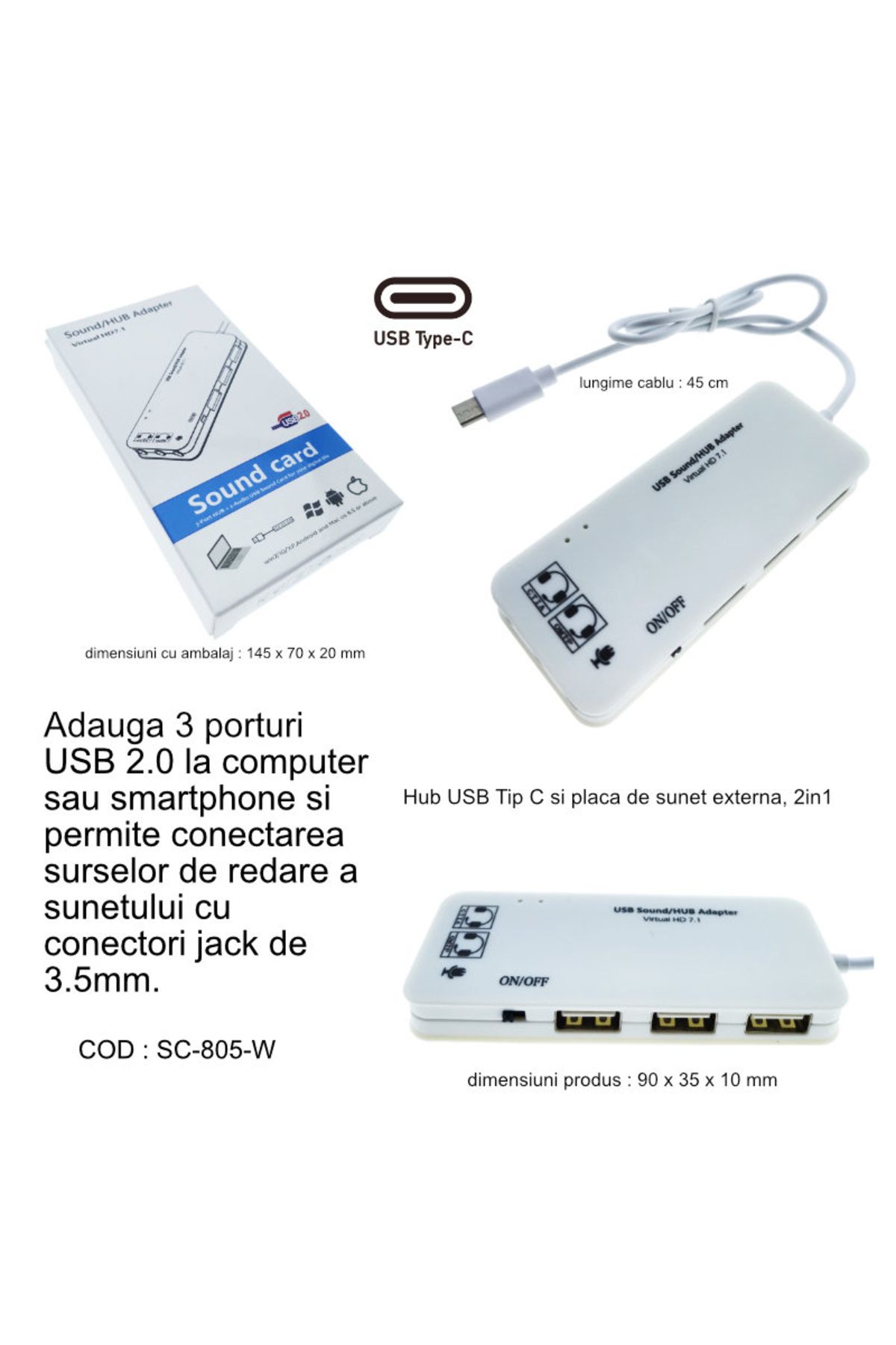 OEM-Hub cu conector USB tip C și placă de sunet, 2 în 1, cu 3 porturi USB, interfață USB 2.0 6