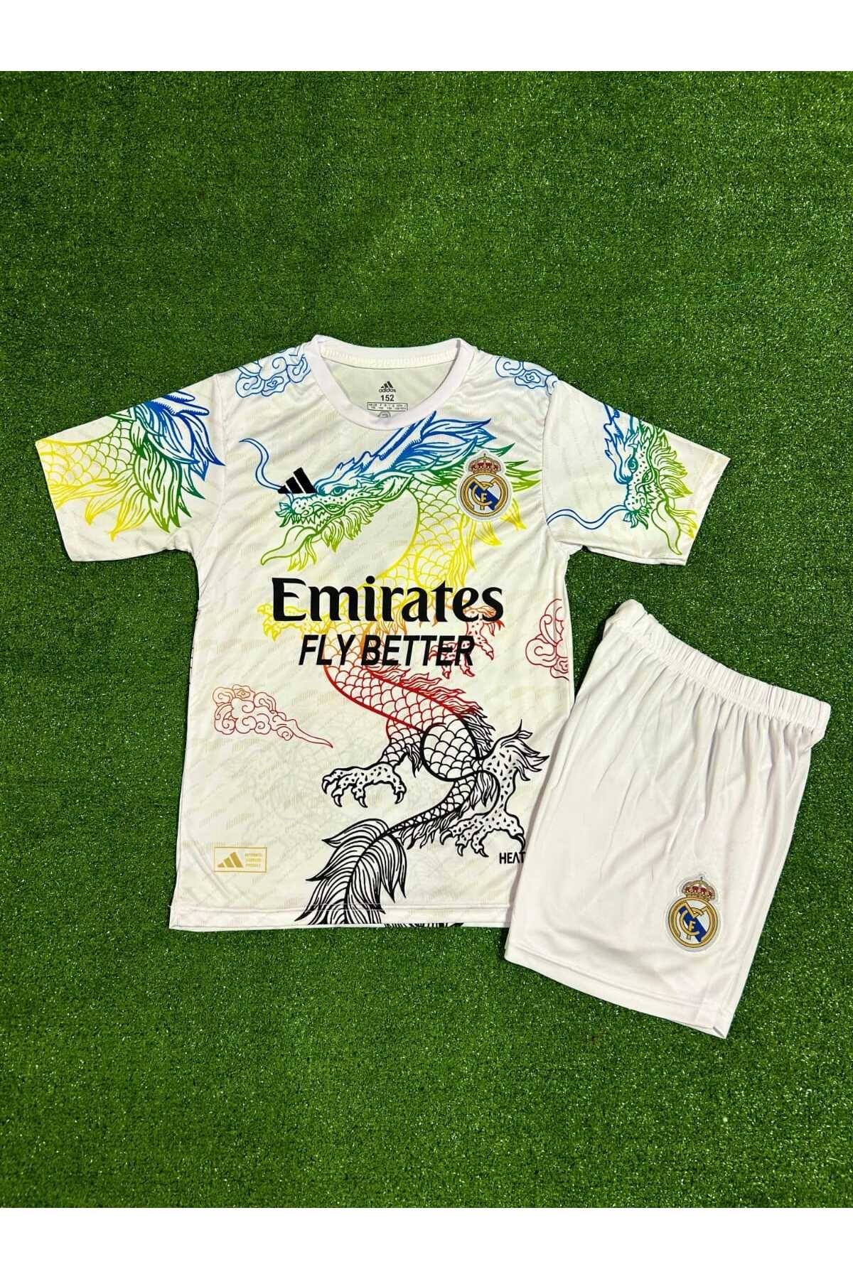 BARBITOS Real Madrid Cristiano Ronaldo Ejderha Desenli Çocuk Forması Hedyeli 4 lü set Çorap Bileklik (Beyaz)