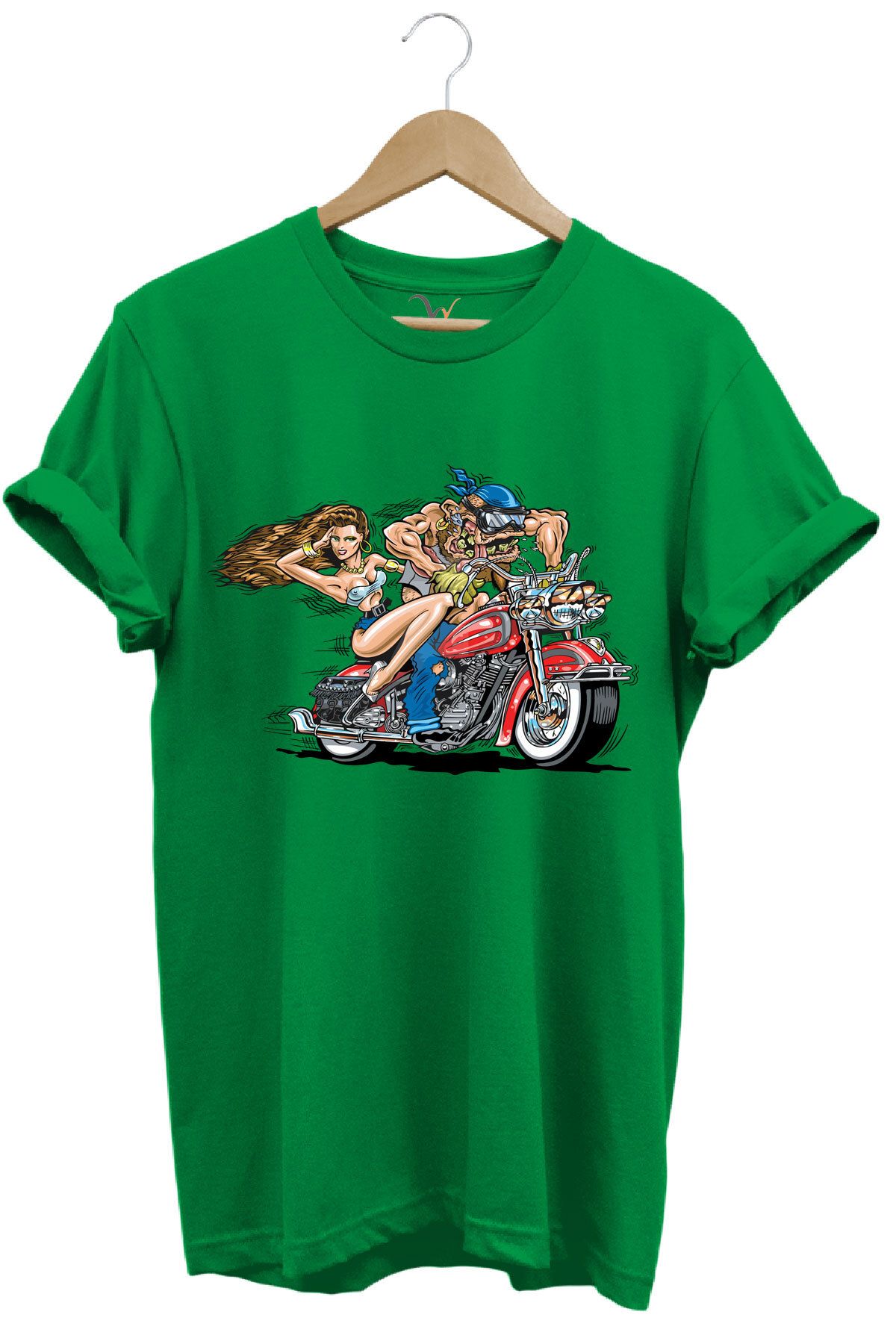 WİDİ Motosiklet Motor Süren Adam ve Kadın Baskılı %100 Pamuk Regular Fit T-shirt