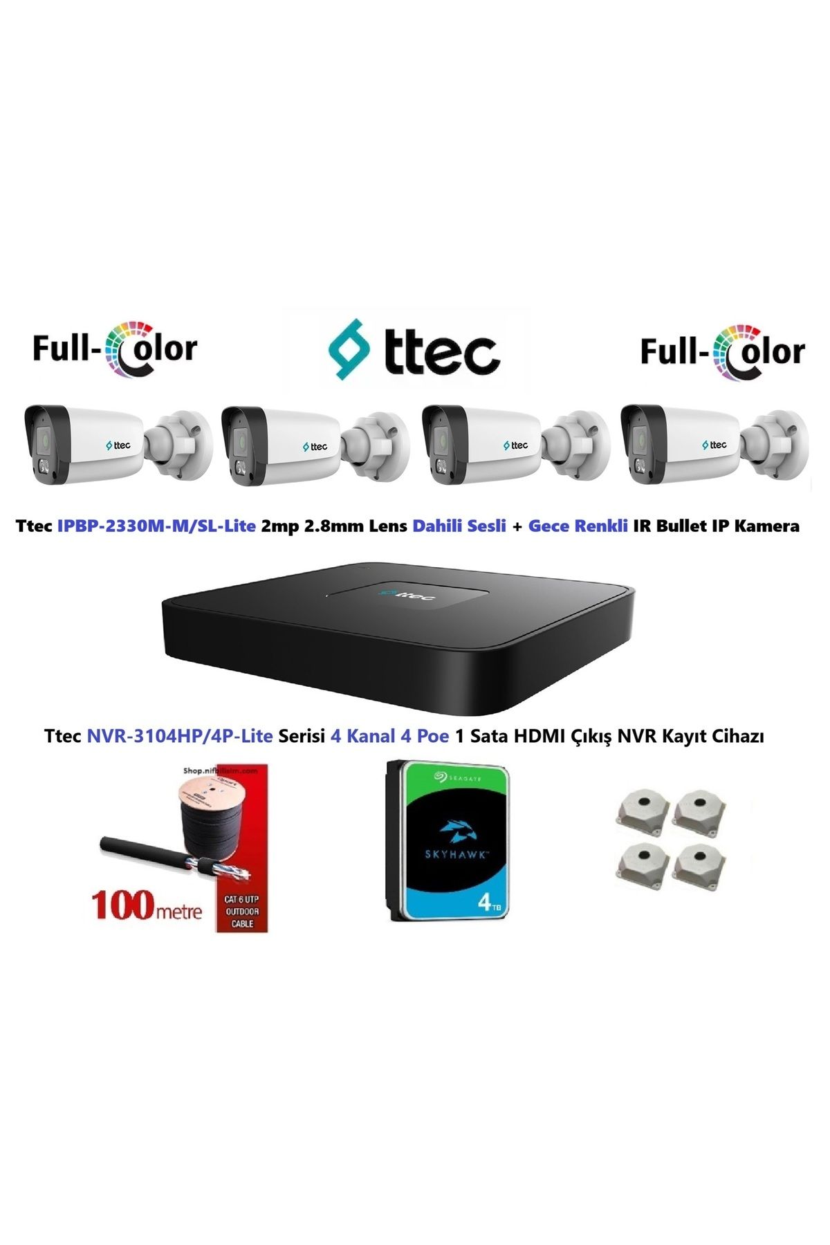 Ttec Nif Bilişim Ttec 2mp Dahili Sesli Ve Gece Renkli 4 Kameralı 4TB Disk Tak Çalıştır IP Kamera Seti