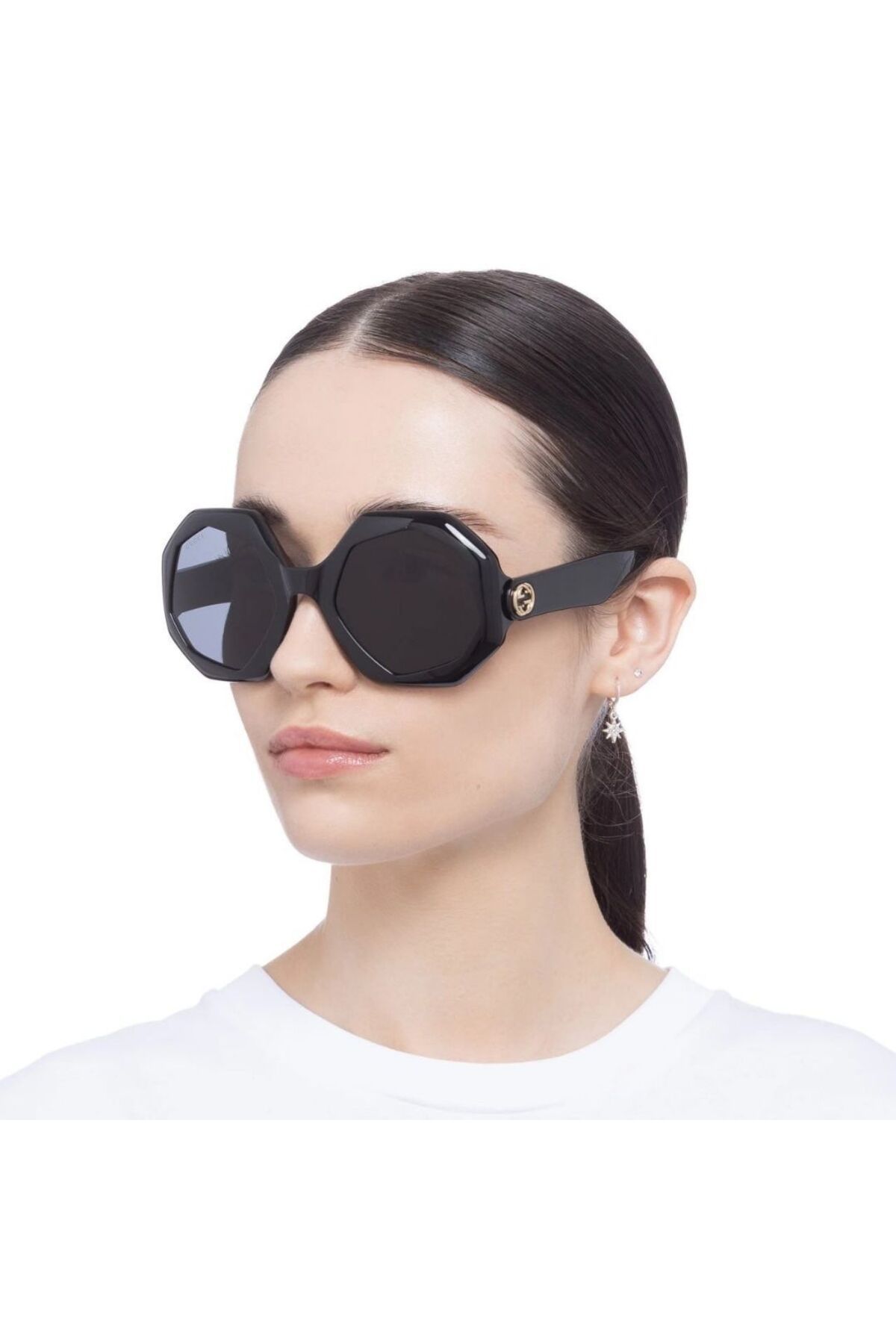 Gucci GG1242S 001 57-24 Kadın Füme Mat Camlı Siyah Asetat Geometrik Güneş Gözlüğü