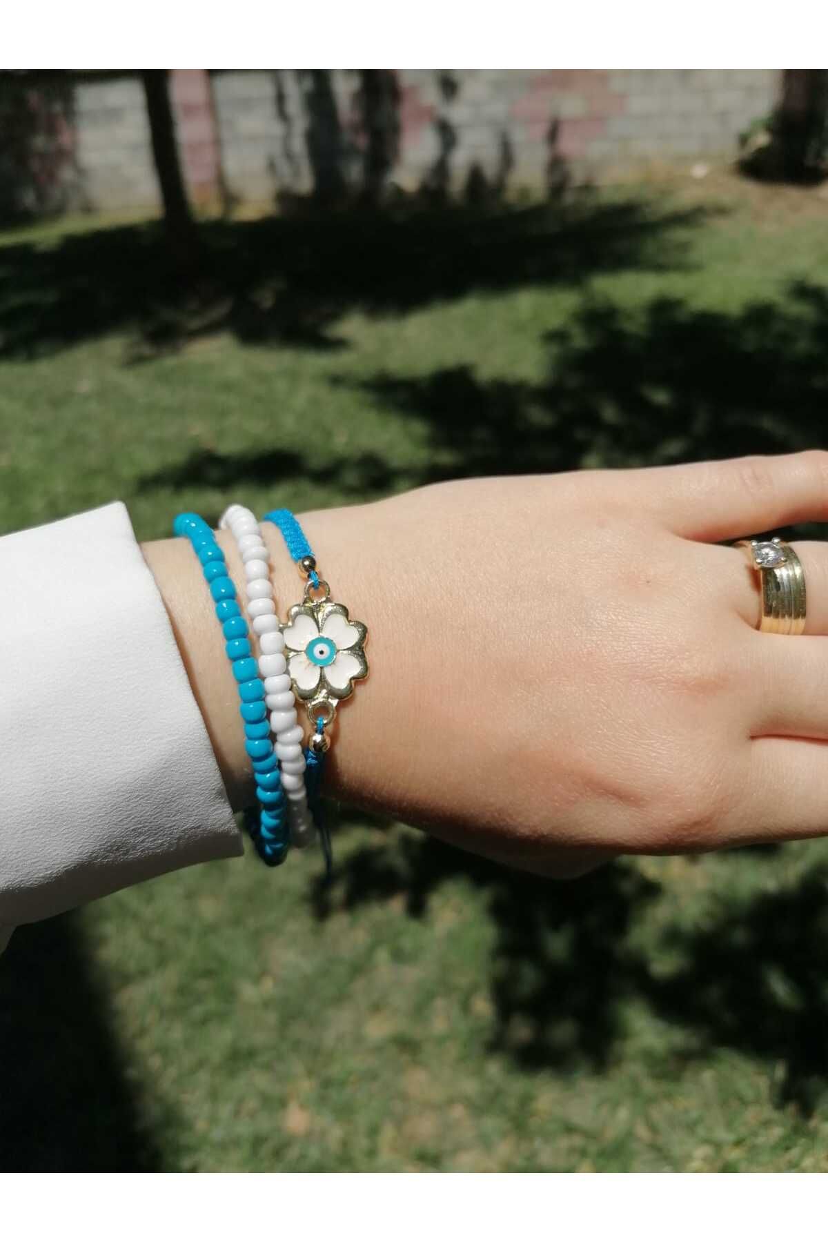 Gülbeşeker Tasarım Beyaz Mineli Yonca Motifli Makrome Örme Ve Kum Boncuk Bileklik Set