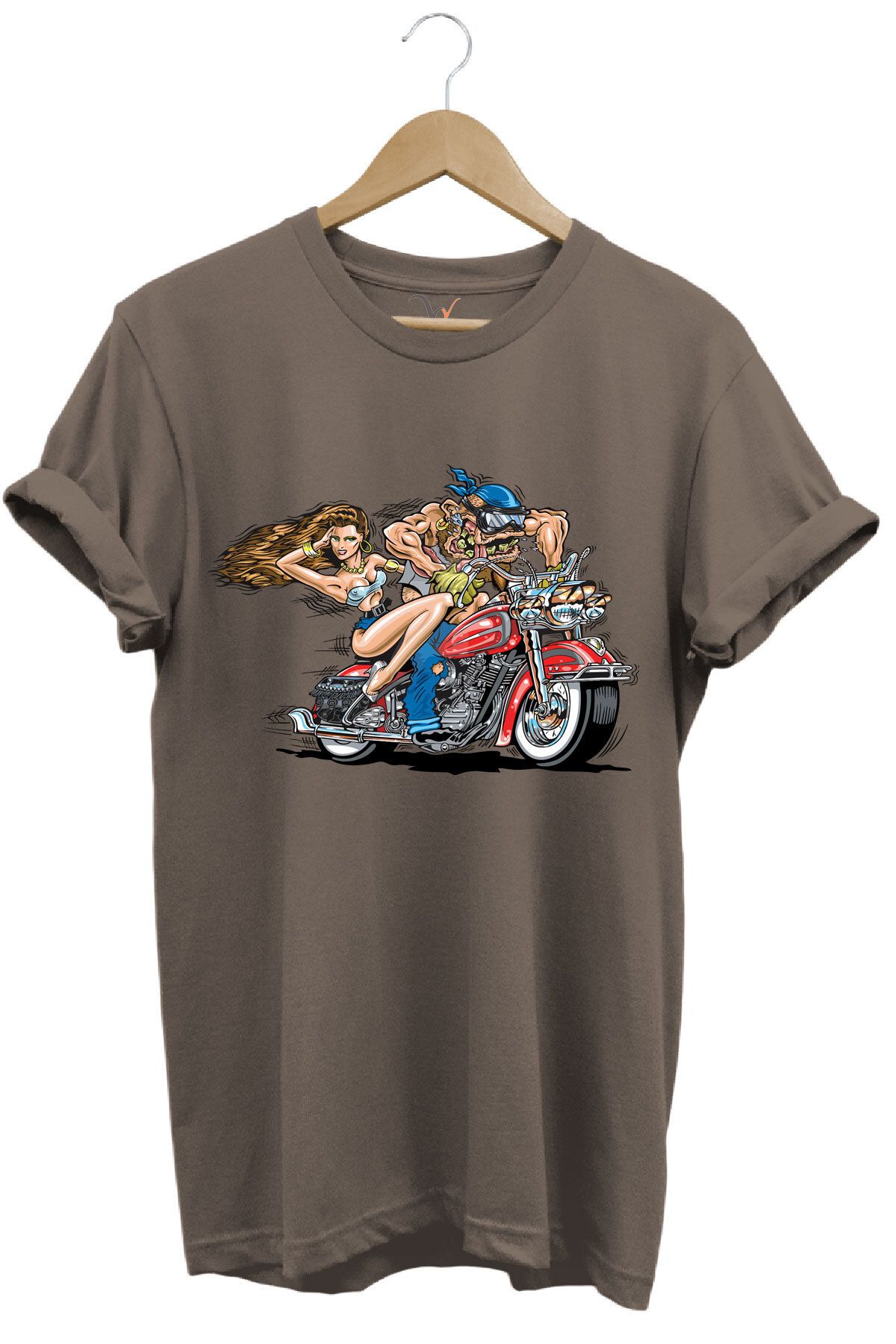 WİDİ Motosiklet Motor Süren Adam ve Kadın Baskılı %100 Pamuk Regular Fit T-shirt