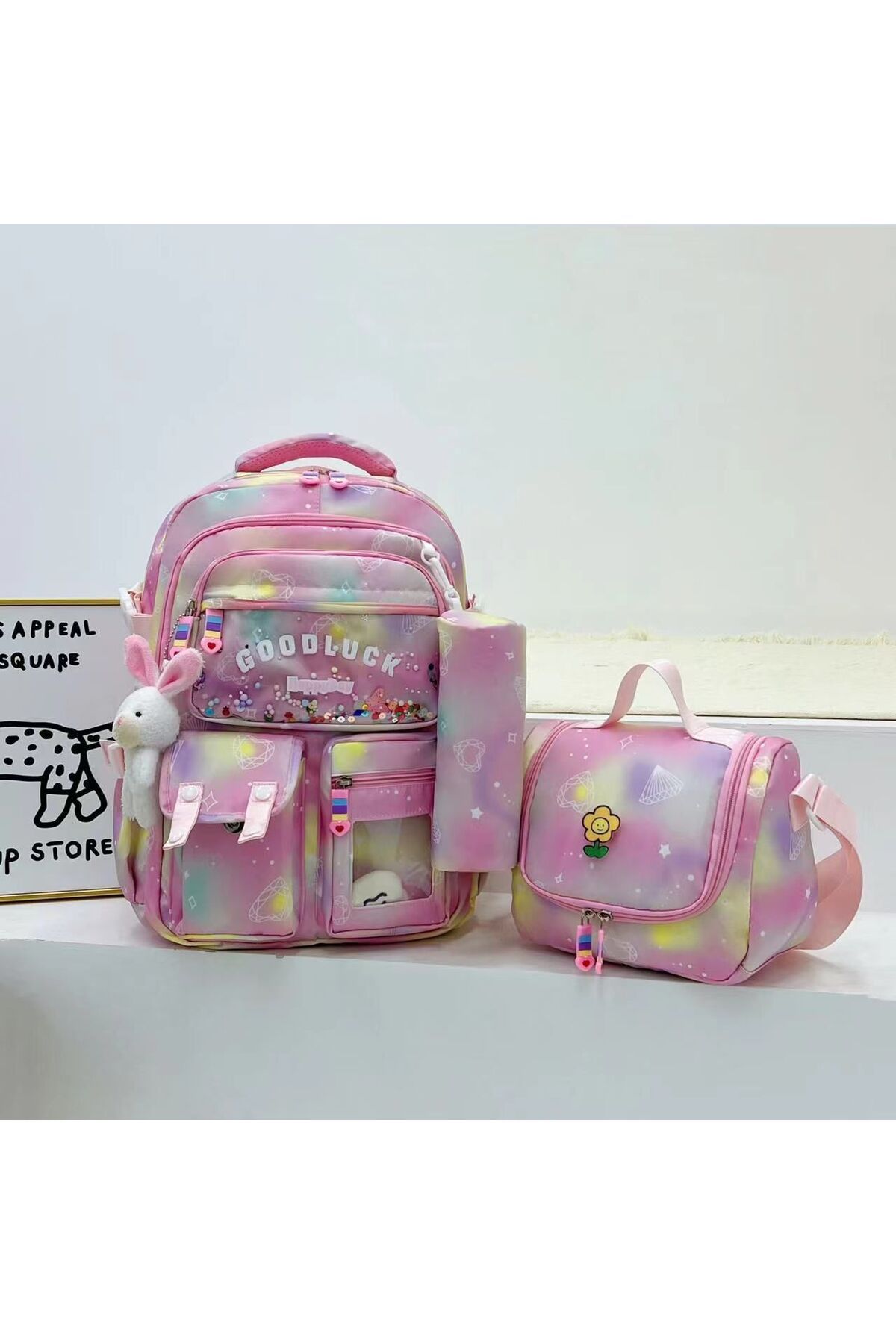 Adalinhome Kore Model Kawaii Good Luck Işıltılı Desenli 4’lü Okul Çanta Seti