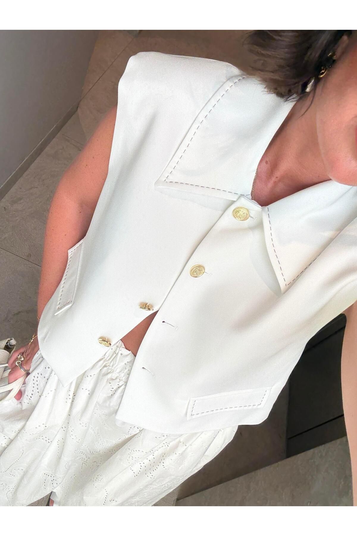 begum mayda Premium, Kontras Dikişli, Beyaz Yelek
