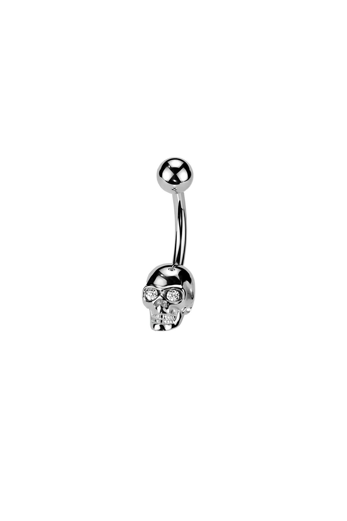 Janset F136 Titanyum Zirkon Taş Detaylı Kuru Kafalı Göbek Piercingi - Gotik, Punk, Rock Piercing
