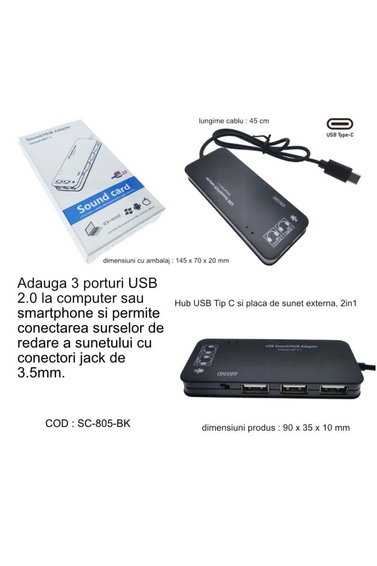 OEM-Hub cu conector USB tip C și placă de sunet, 2 în 1, interfață USB 2.0, 3 porturi USB, 3 x 3,5 mm 6
