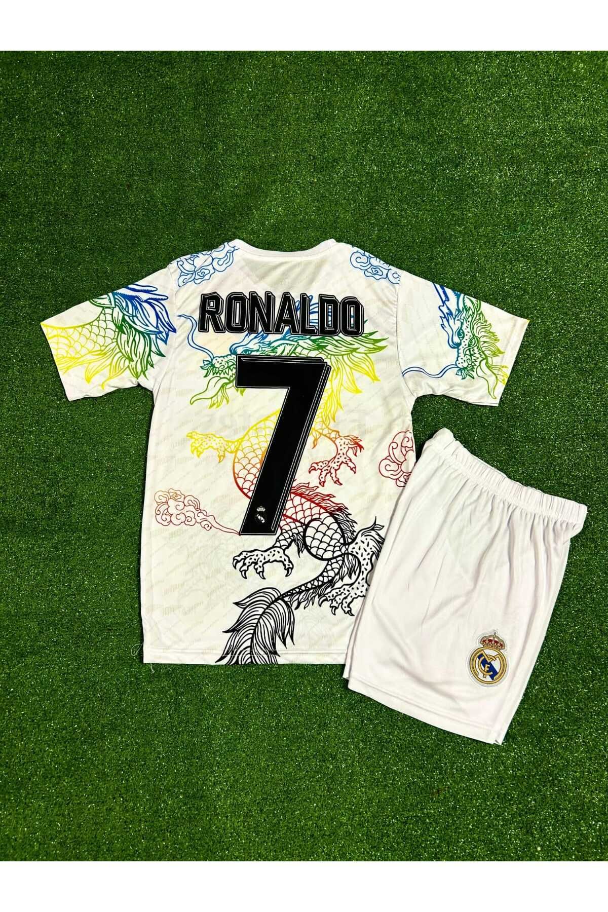 BARBITOS Real Madrid Cristiano Ronaldo Ejderha Çocuk Fıtbol Forması Hedyeli 4 lü set Çorap Bileklik (Beyaz)