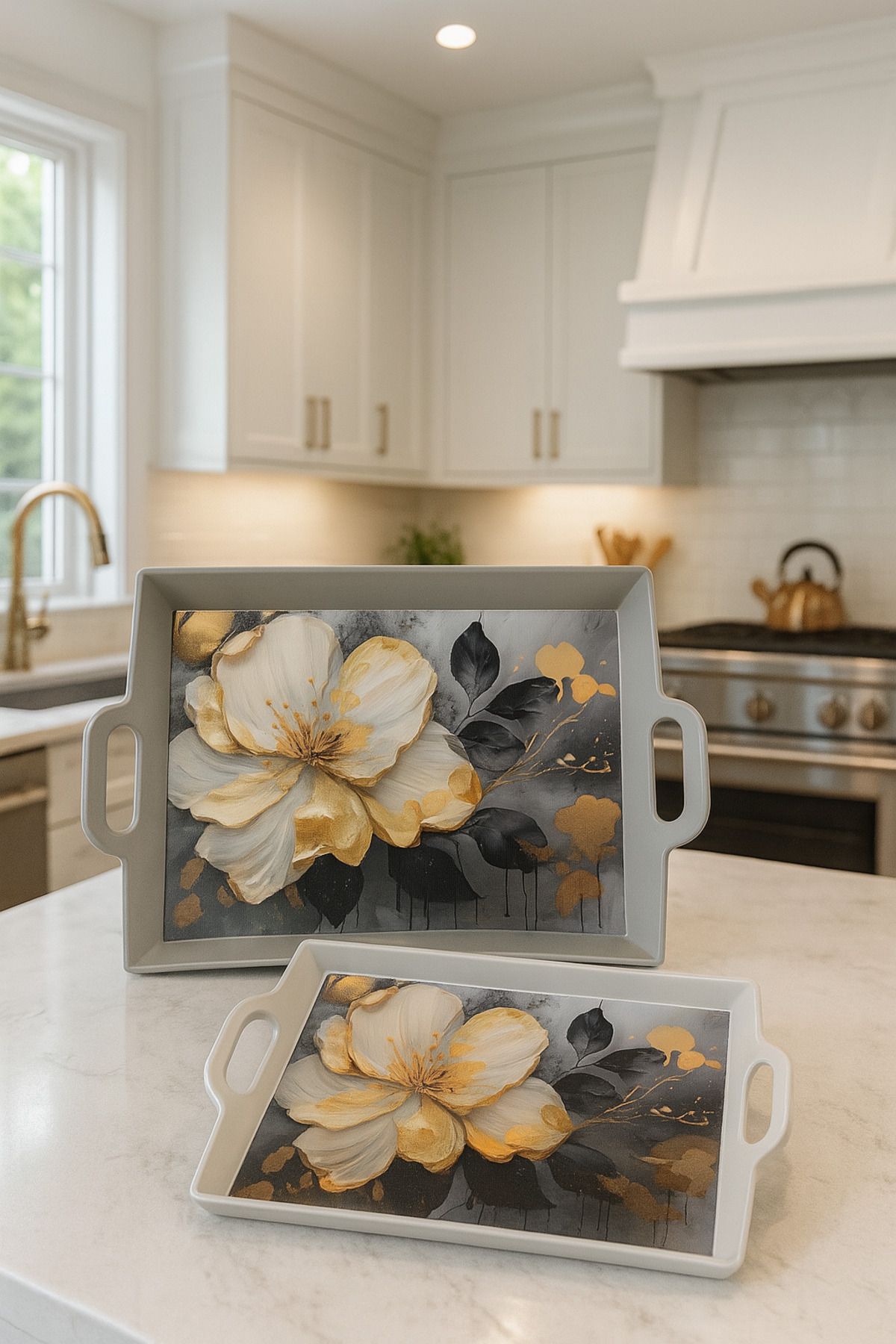 Makri 40x30 ve 33x26 cm Dekoratif ve Şık Çiçek Desenli 2’li Dikdörtgen Sunum Tepsisi Seti