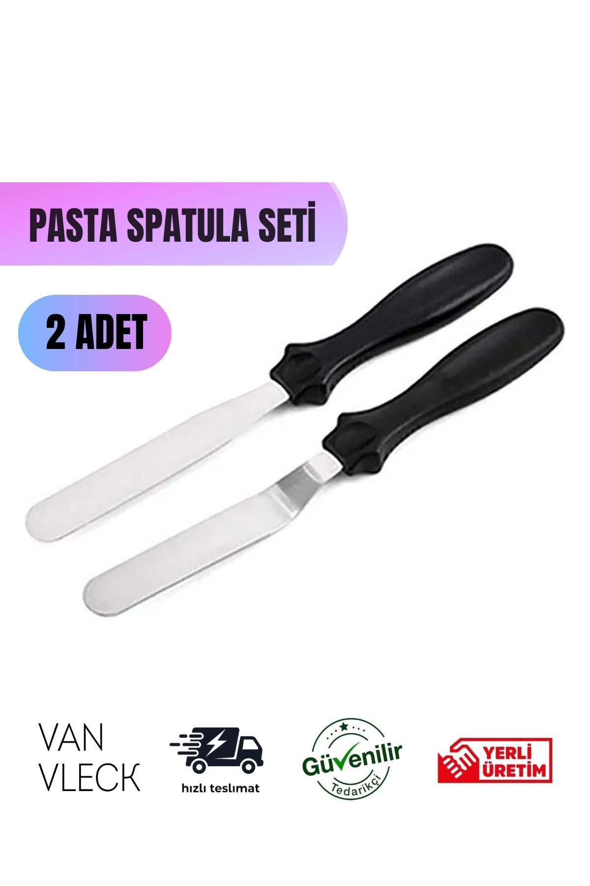 VAN VLECK 2’li Pasta Sıvama Spatula Seti – Düz ve Eğik Çelik Spatula, Pasta Krema Yayma Spatulası Takımı