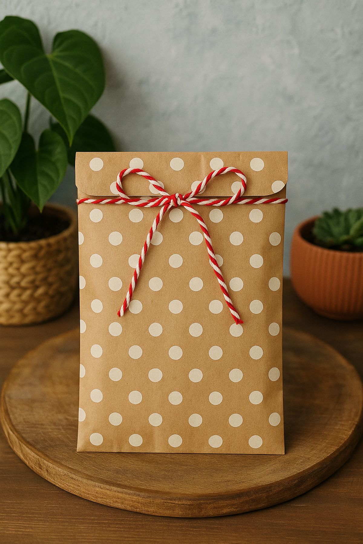 Dekals 20 Adet 12x20 Cm Küçük Boy Puantiyeli Kraft Hediye Paketi Hediye Kağıdı