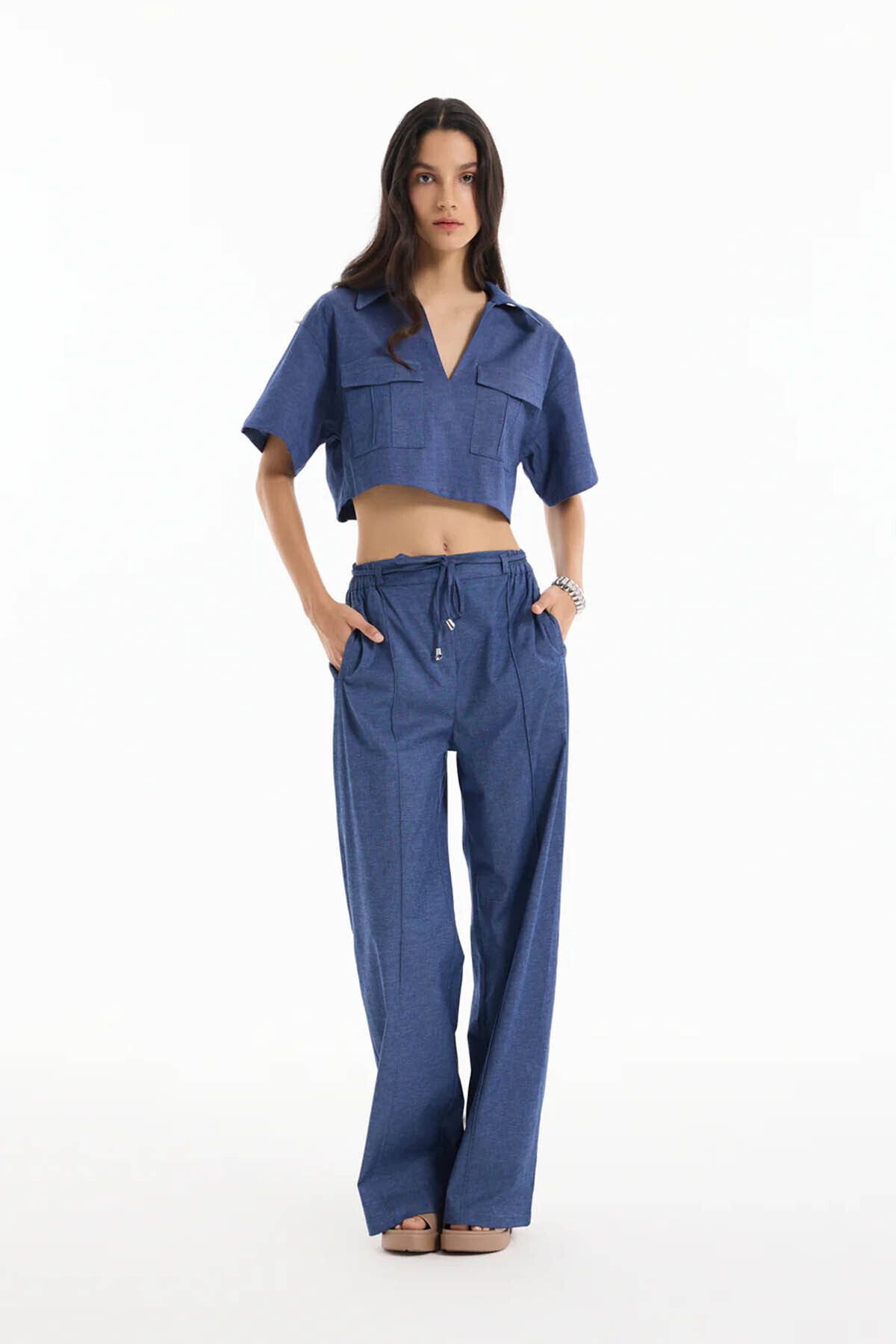 Quzu Kot Görünümlü indigo Kadın Pantolon PNT00572