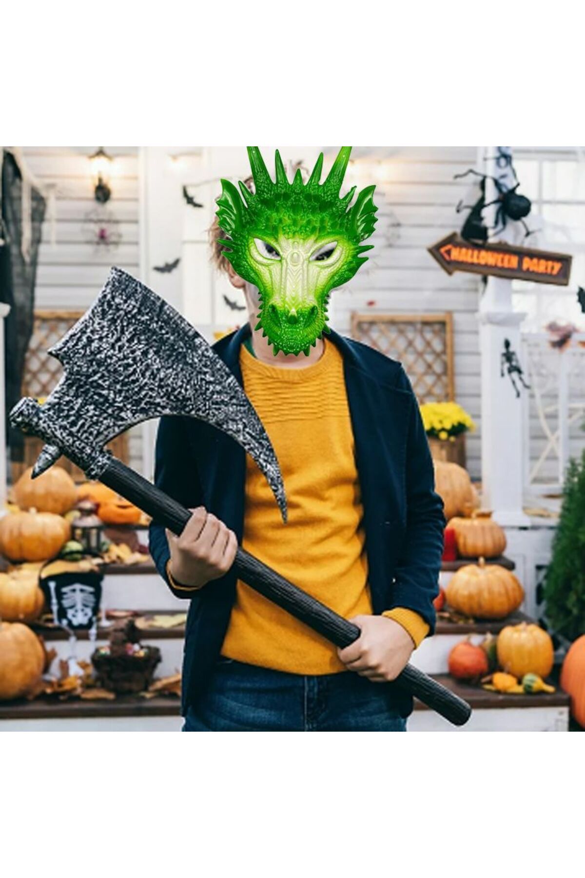 partidolu Halloween Sert Plastik Arkadan Lastikli Yeşil Renk 3D Dragon Ejderha Maskesi