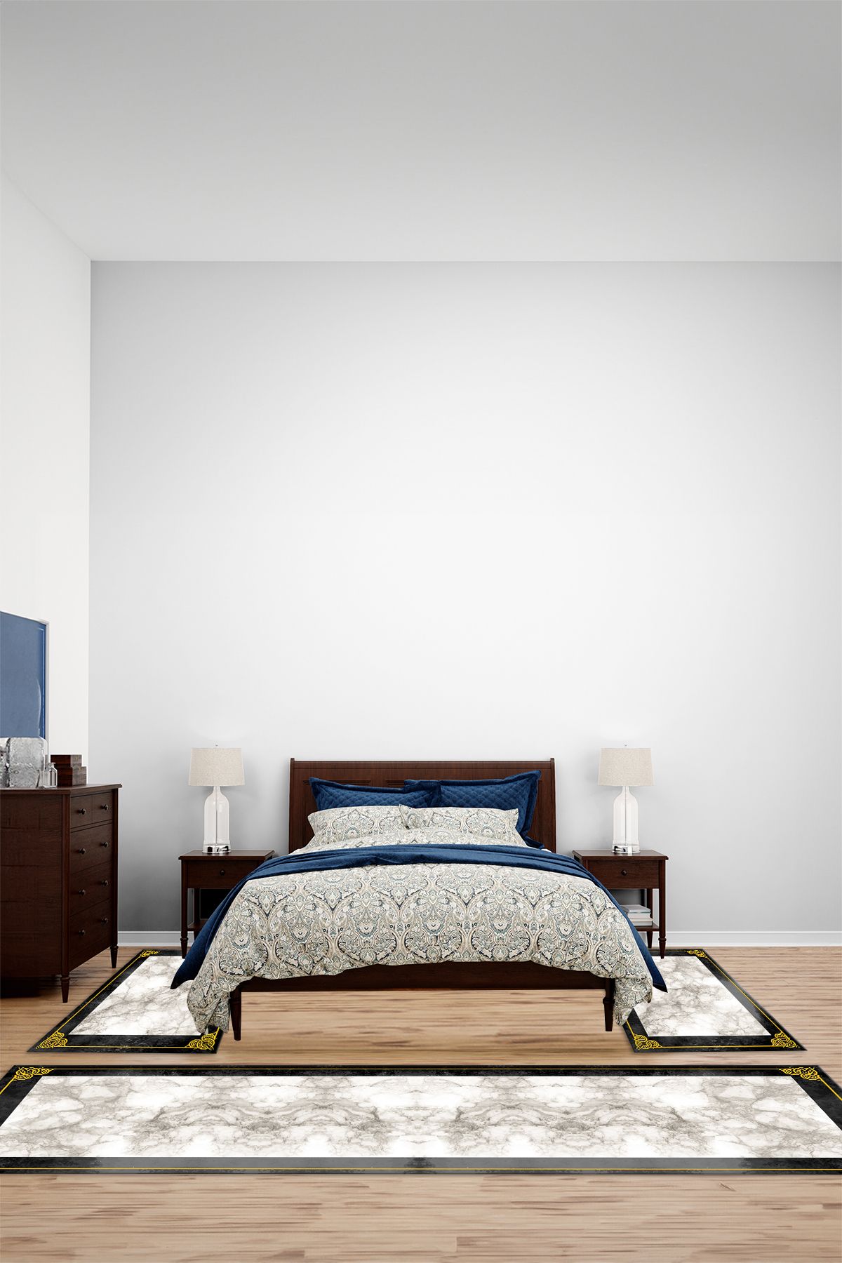 Viyana Home Dijital Kaymaz Mermer Çerçeve Model Yıkanabilir Üçlü Yatak Odası Halısı, YO-MERMER-115-GOLD,