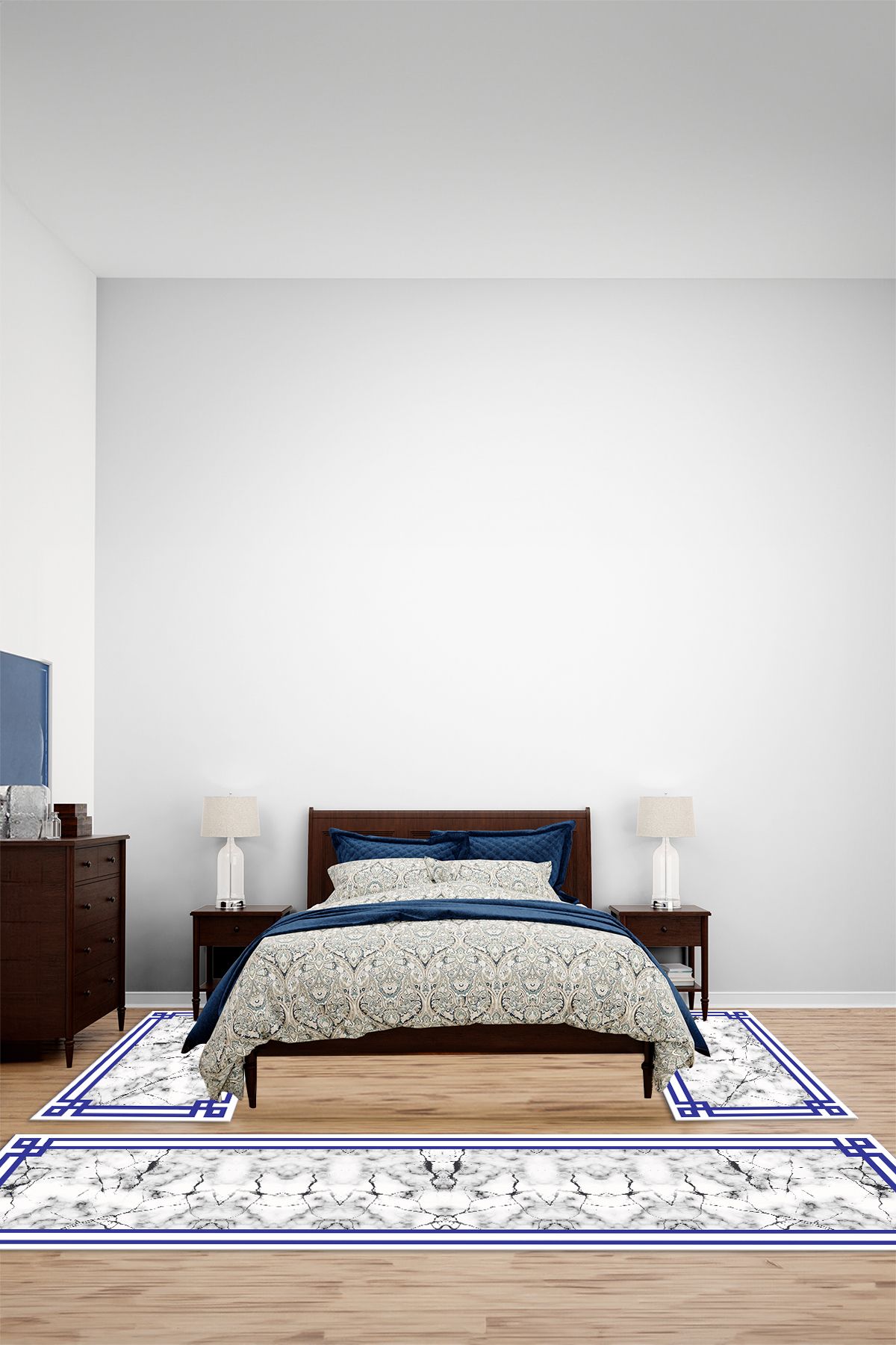 Viyana Home Dijital Kaymaz Mermer Modern Çizgi Kenar Yıkanabilir Üçlü Yatak Odası Halısı, YO-MERMER-118-MAVİ,