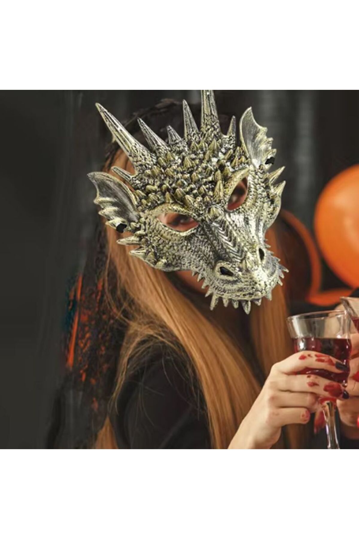 partidolu Halloween Sert Plastik Arkadan Lastikli Eskitme Altın Renk 3D Dragon Ejderha Maskesi