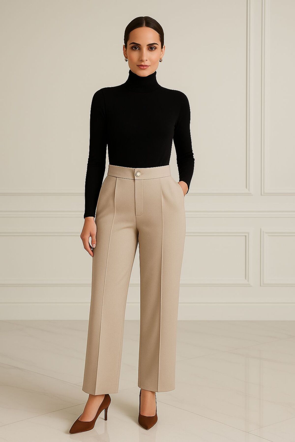 ELONİ ÖN DÜĞMELİ ARKA BEL LASTİKLİ DETAY YENİ TREND KUMAŞ PANTOLON CEPLİ