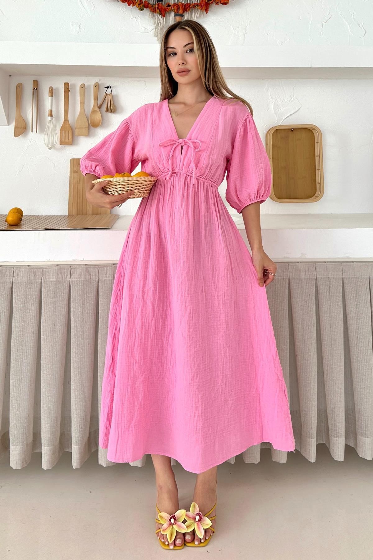 Olcay-Rochie de muselina cu jumatate de maneca cu talie elastica si detaliu de siret ROSA 9331-E 5