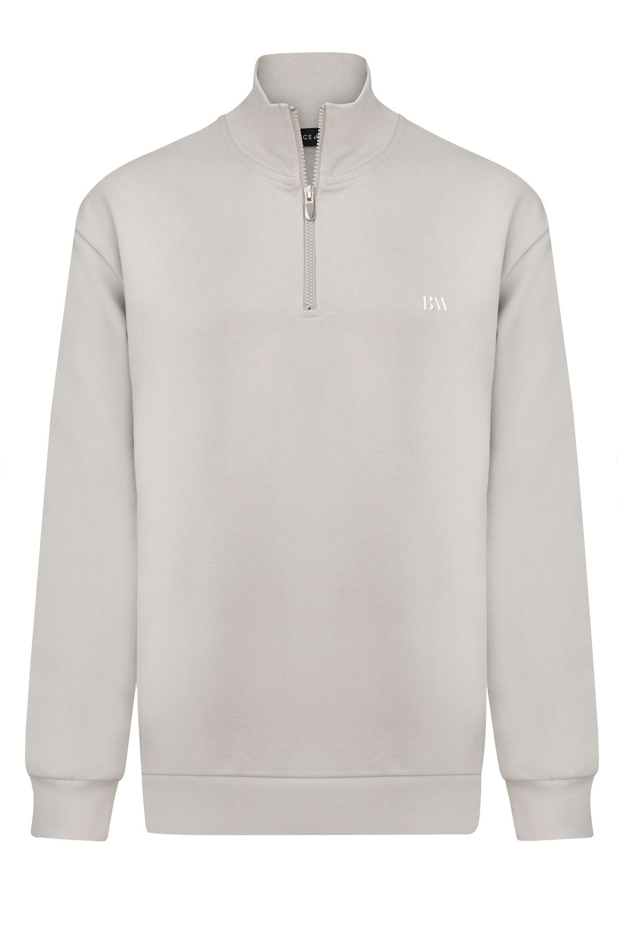 Basics&More Erkek Relax Fit Rahat Kesim Pamuklu Yarım Fermuarlı Gri Dik Yaka Sweatshirt