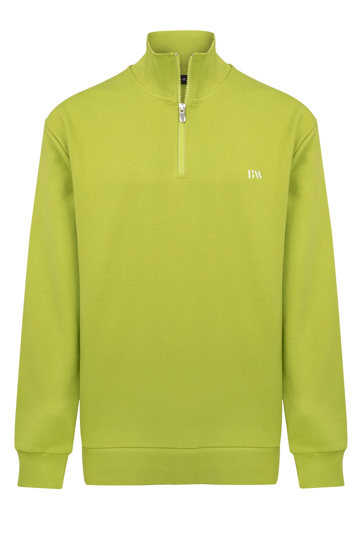 Basics&More Erkek Relax Fit Rahat Kesim Pamuklu Yarım Fermuarlı Fıstık Yeşil Dik Yaka Sweatshirt