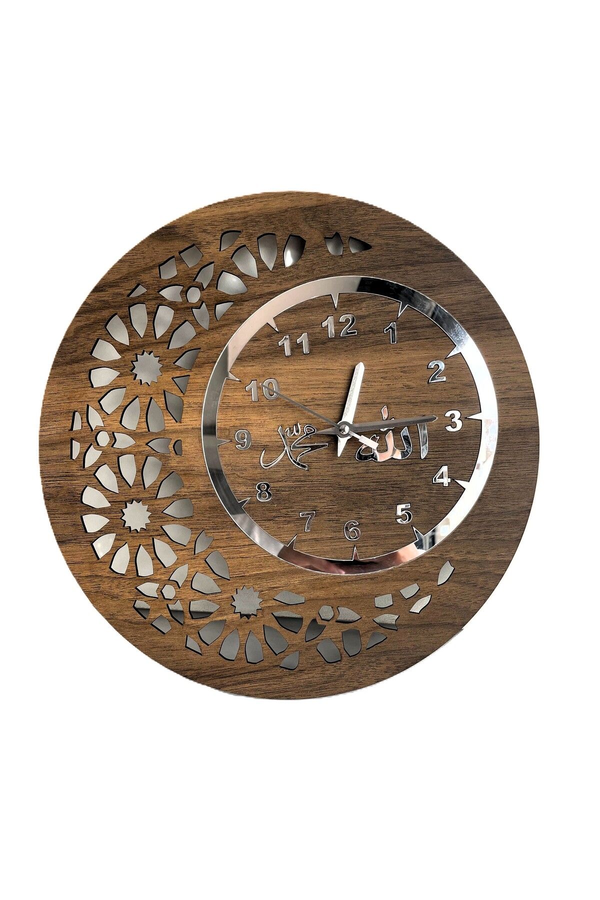 Ahşap 🕰️ Allah & Muhammed Yazılı Ahşap Duvar Saati – 32x32 cm