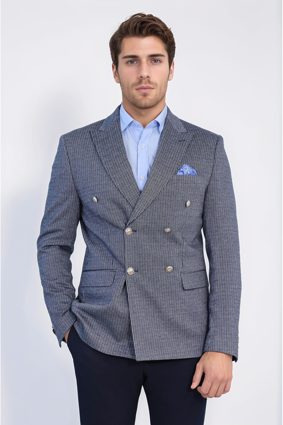 Wessi Lacivert Çizgili Gümüş Rengi Metal Düğmeli Slim Fit Kruvaze Blazer – Wessi