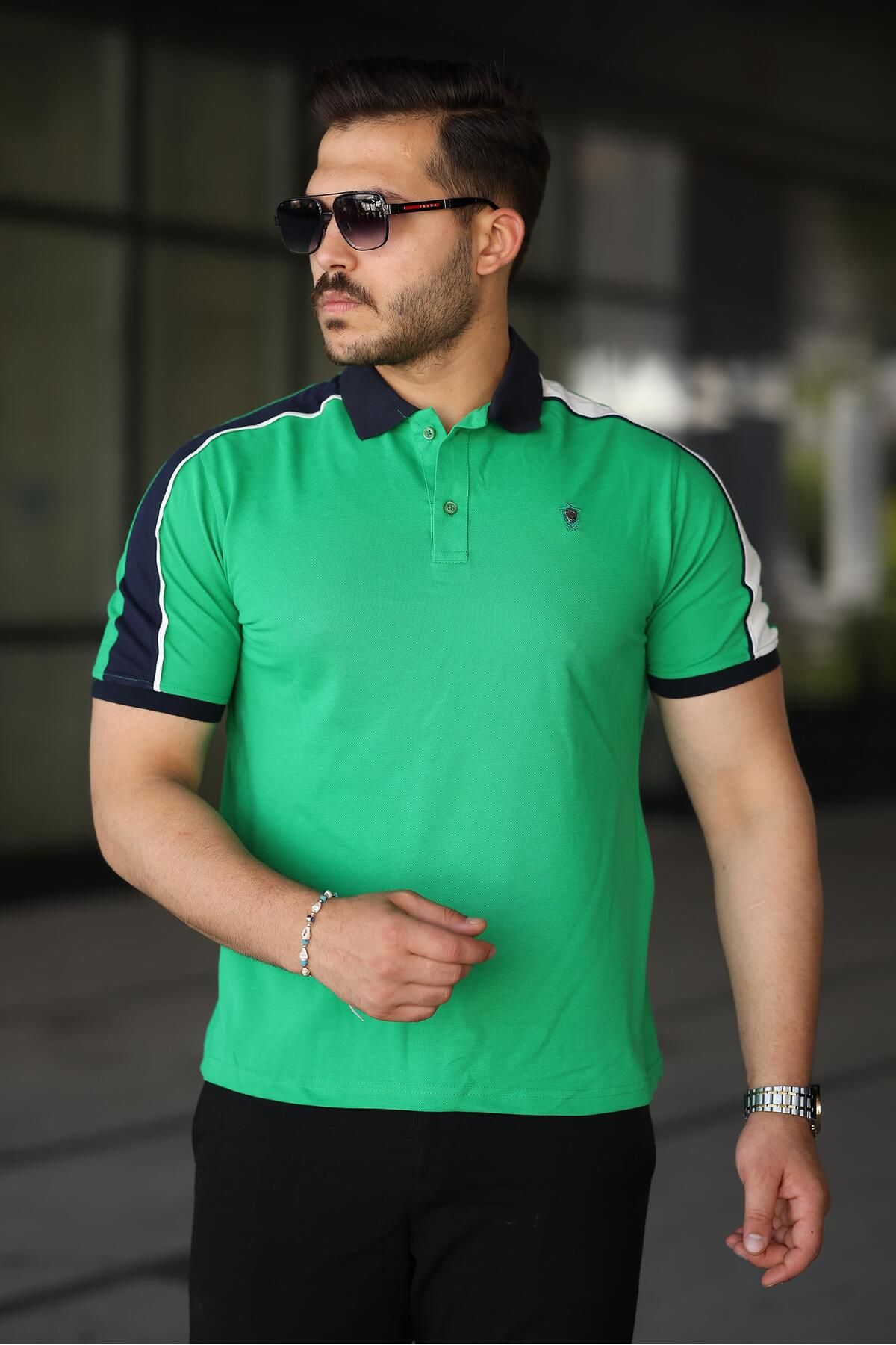 Miron Erkek Polo Yaka Yeşil Şerit Detaylı Regular Fit Tişört - 2530