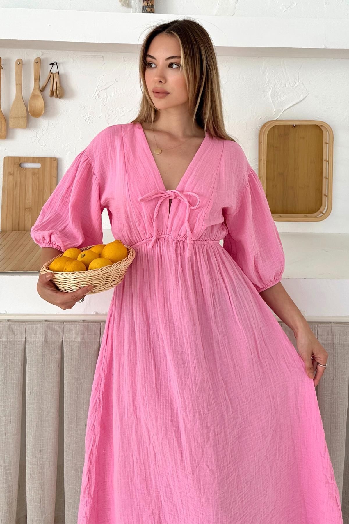 Olcay-Rochie de muselina cu jumatate de maneca cu talie elastica si detaliu de siret ROSA 9331-E 6