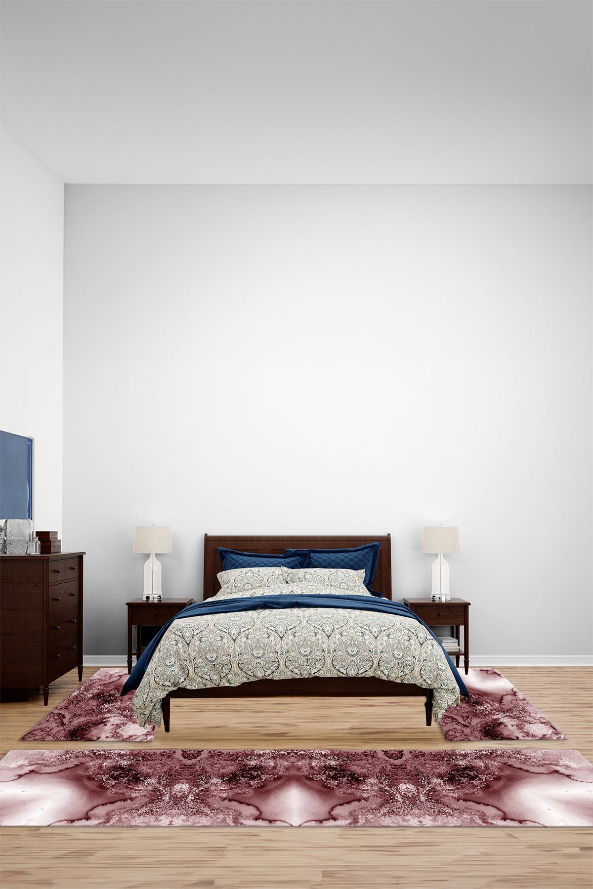 Viyana Home Dijital Kaymaz Mermer Zeminli Modern Yıkanabilir Üçlü Yatak Odası Halısı, YO-MERMER-114-BORDO,