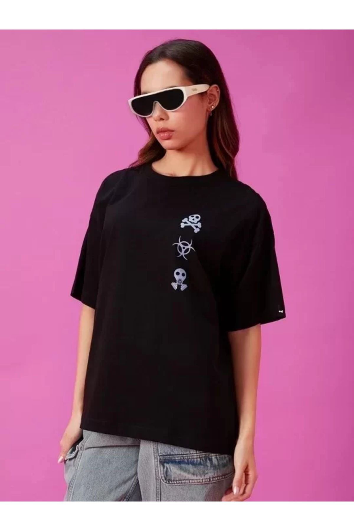 AE Stil Kadın Baskılı Oversize T-shirt - Siyah