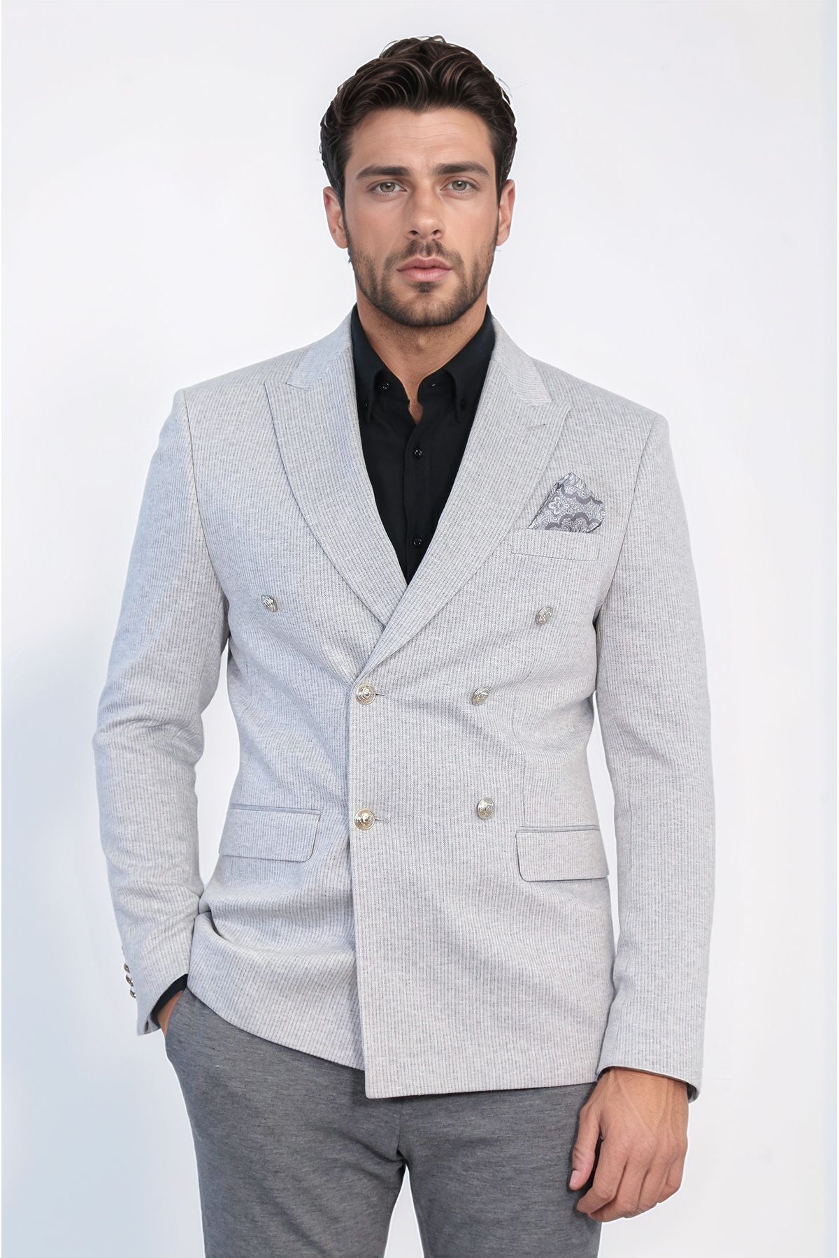 Wessi Gri Çizgili Gümüş Rengi Metal Düğmeli Slim Fit Kruvaze Blazer – Wessi