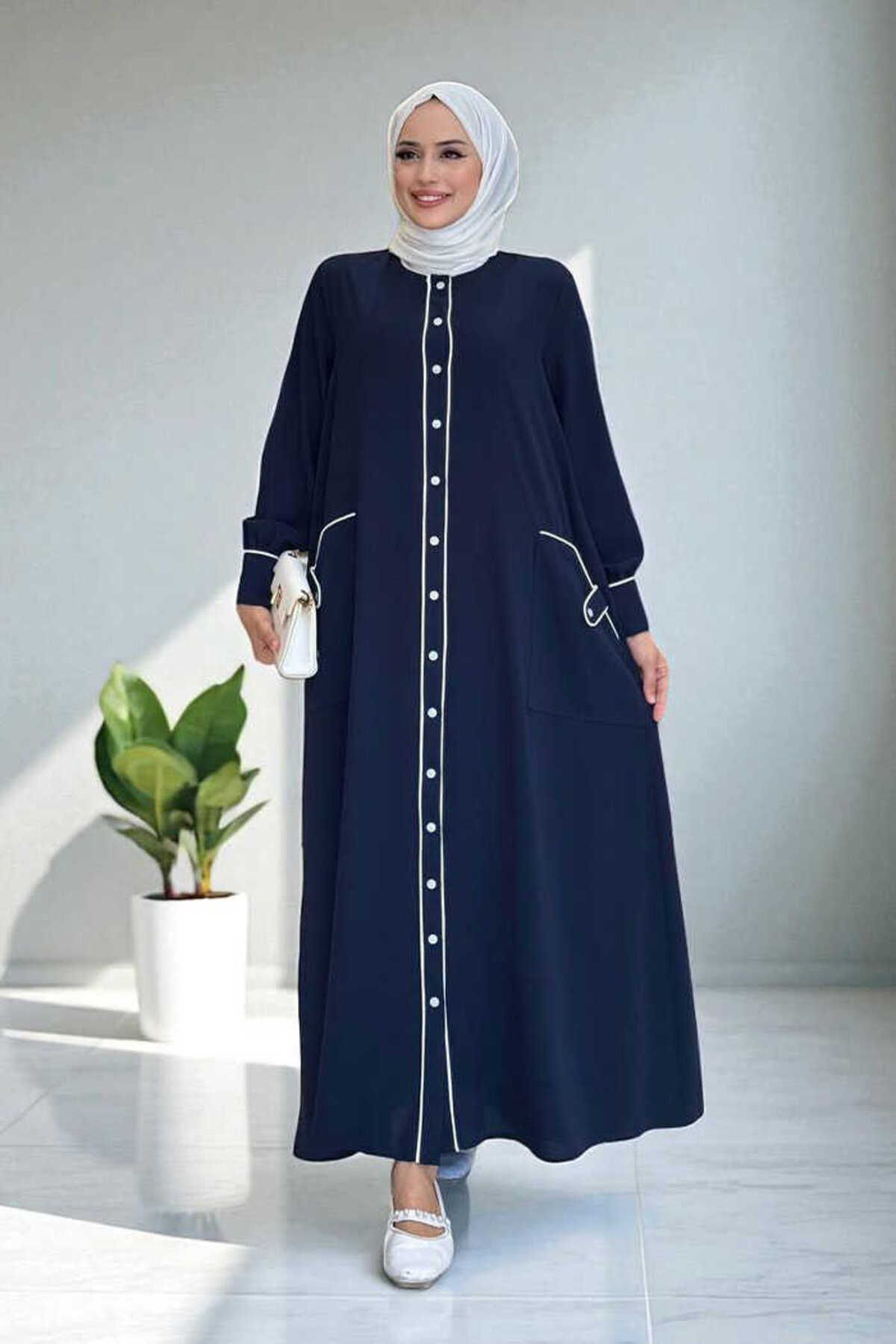Bym Fashion Boydan Düğmeli Ferace Elbise 3975 Lacivert