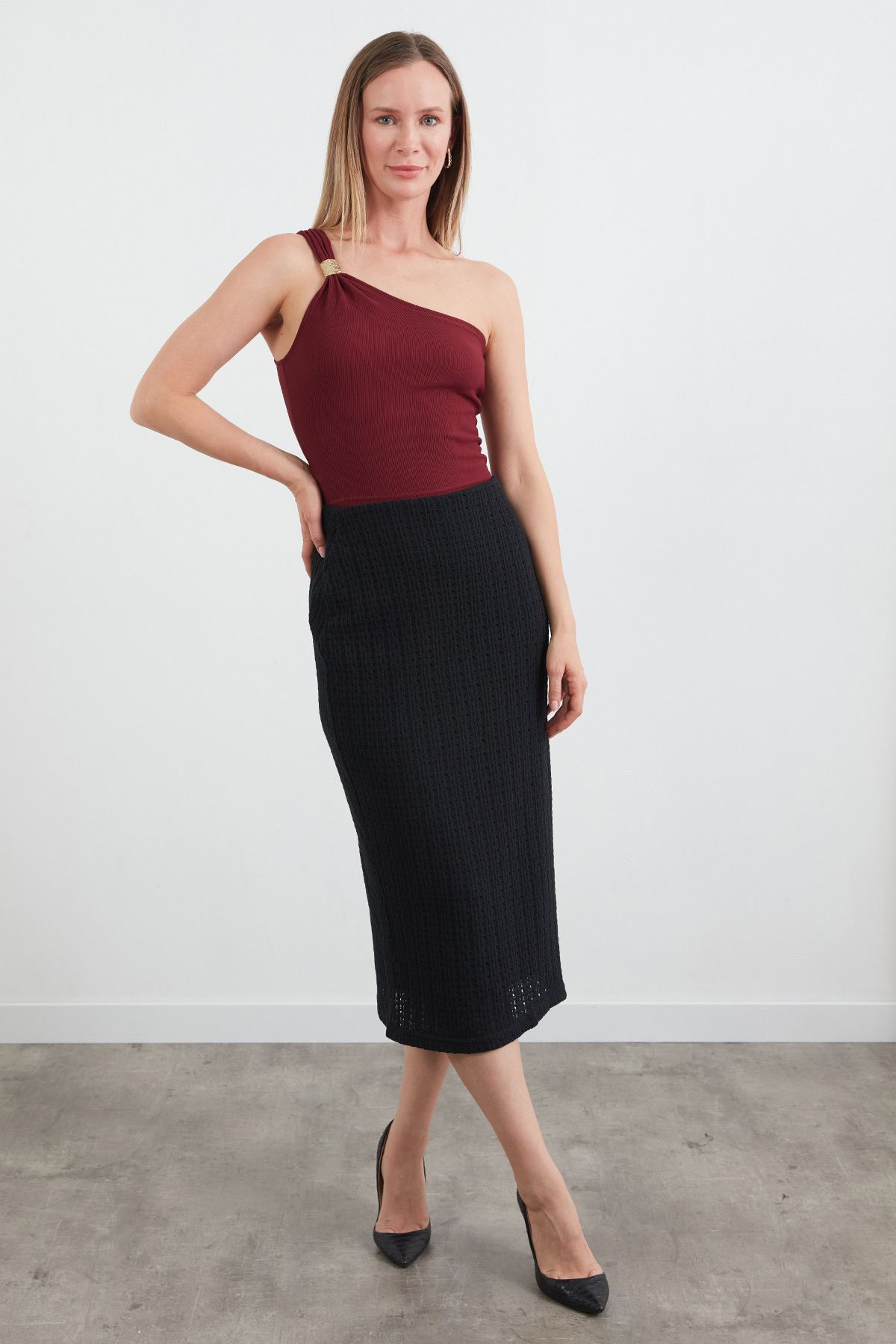 Fulla Moda Beli Lastikli Triko Etek