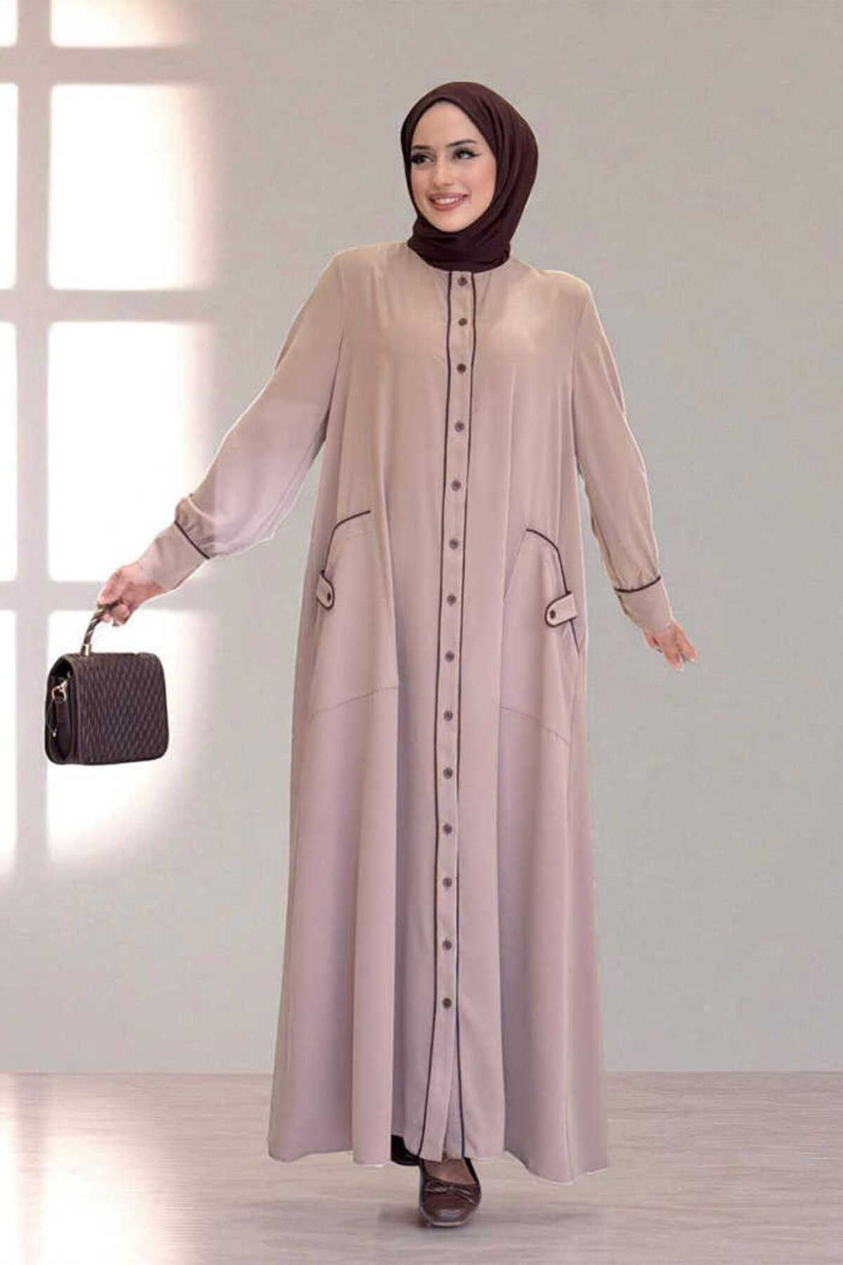 Bym Fashion Boydan Düğmeli Ferace Elbise 3975 Vizon