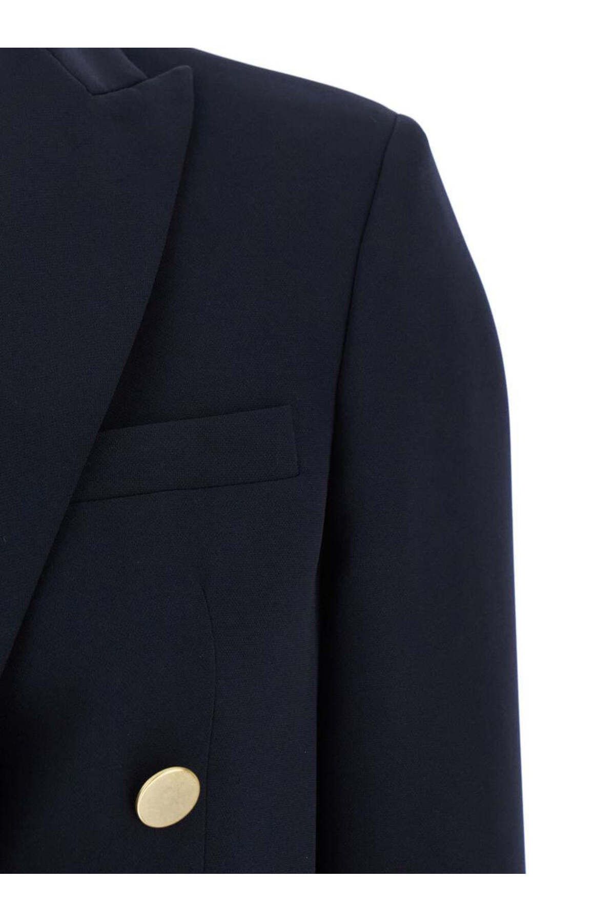 PLAIN-Blue Double-Breasted Jacket With Golden Buttons In Cady Woman 3