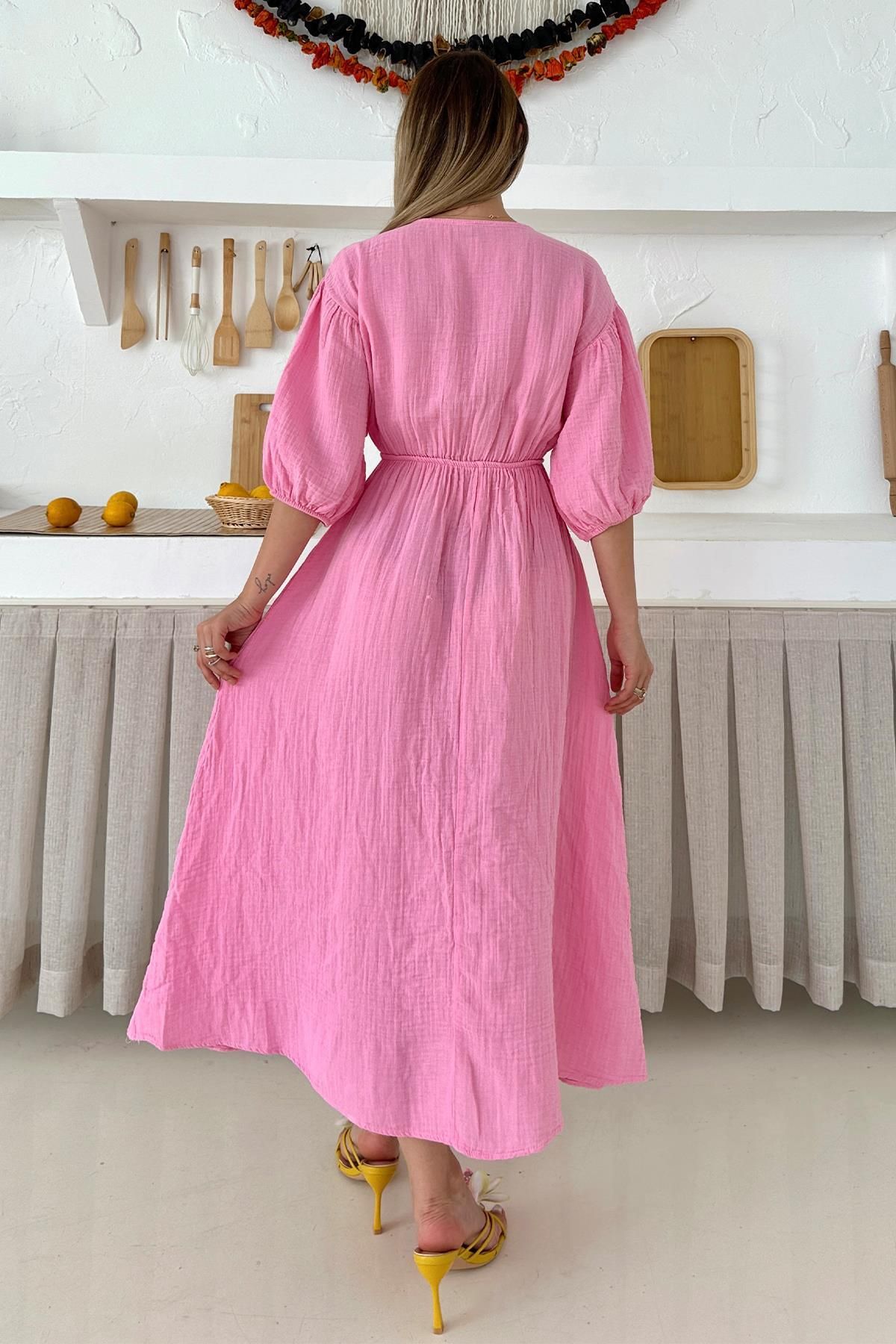 Olcay-Rochie de muselina cu jumatate de maneca cu talie elastica si detaliu de siret ROSA 9331-E 8
